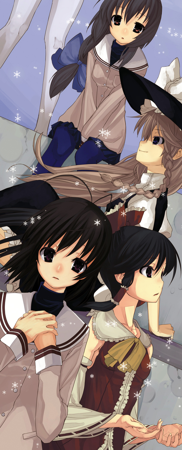 yada ei, furukawa nagisa, hakurei reimu, ibuki fuuko, kirisame marisa, clannad, touhou, highres, 00s, 4girls, album cover, antenna hair, blonde hair, cover, crossover, detached sleeves, hat, japanese clothes, long hair, miko, multiple girls, pantyhose, school uniform, witch, witch hat