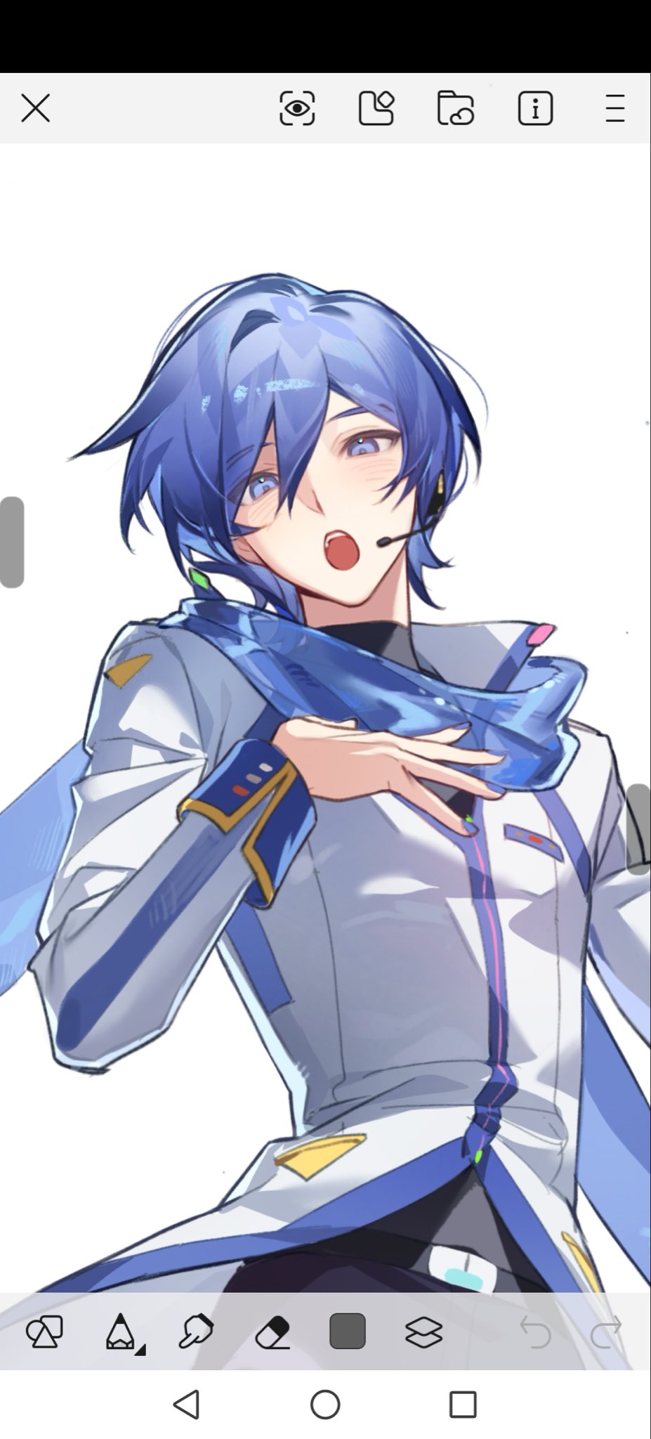 kazemi arashi, kaito (vocaloid), vocaloid, commentary, hashtag-only commentary, highres, 1boy, art program in frame, belt, belt buckle, black belt, black pants, blue eyes, blue hair, blue scarf, blue trim, buckle, coat, double-parted bangs, hair between eyes, hand on own chest, headset, long sleeves, male focus, open mouth, palmar flexion, pants, scarf, short hair, sleeve cuffs, solo, teeth, upper teeth only, white background, white coat