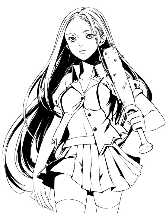 yuuryuu nagare, original, baseball bat, greyscale, monochrome, nail (hardware), nail bat, school uniform, serafuku, solo