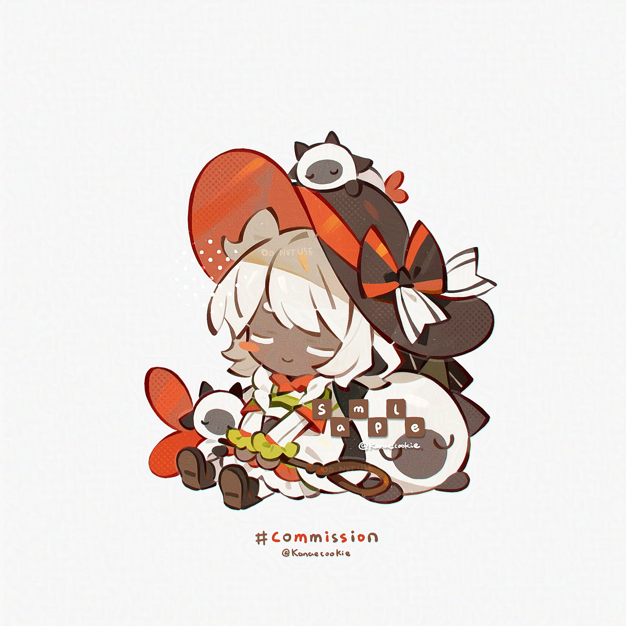 kanae (cookie), original, commission, highres, 1girl, black bow, black shoes, bow, brown hat, chibi, chibi only, closed eyes, closed mouth, dark-skinned female, dark skin, dress, full body, hat, hat bow, long sleeves, shoes, short hair, simple background, sitting, smile, solo, twitter username, white background, white dress, white hair