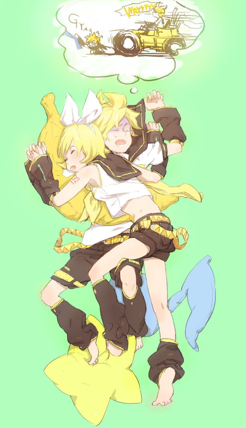 mitosa, kagamine len, kagamine rin, vocaloid, highres, 1boy, 1girl, banana, barefoot, belt, blonde hair, brother and sister, detached sleeves, dreaming, food, fruit, hair ribbon, leg warmers, musical note, pillow, ribbon, saliva, scarf, short hair, shorts, siblings, sleeping, steamroller, sweat, twins, wryyyyyyyyyyyyyyyyyyyy