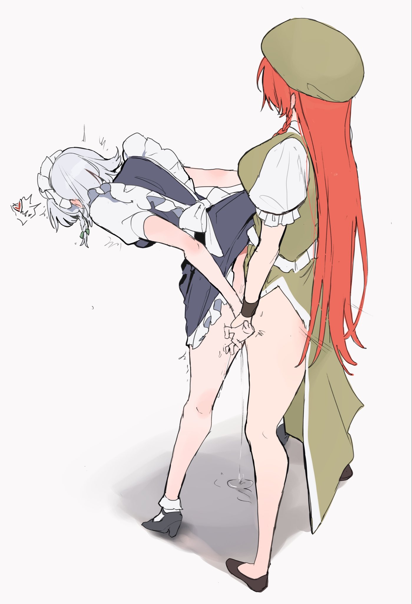sarukana, hong meiling, izayoi sakuya, embodiment of scarlet devil, touhou, highres, 2girls, apron, arm held back, ass, bow, bowtie, braid, braided sidelock, braided sidelocks, breasts, clothed sex, doggystyle, dress, futa with female, futanari, green bow, green bowtie, green hat, green vest, hanging breasts, hat, hat ornament, long hair, maid, maid apron, maid headdress, multiple girls, puffy short sleeves, puffy sleeves, sex, sex from behind, shirt, short sleeves, side braids, simple background, twin braids, vaginal, vest, white background, white headdress, white shirt