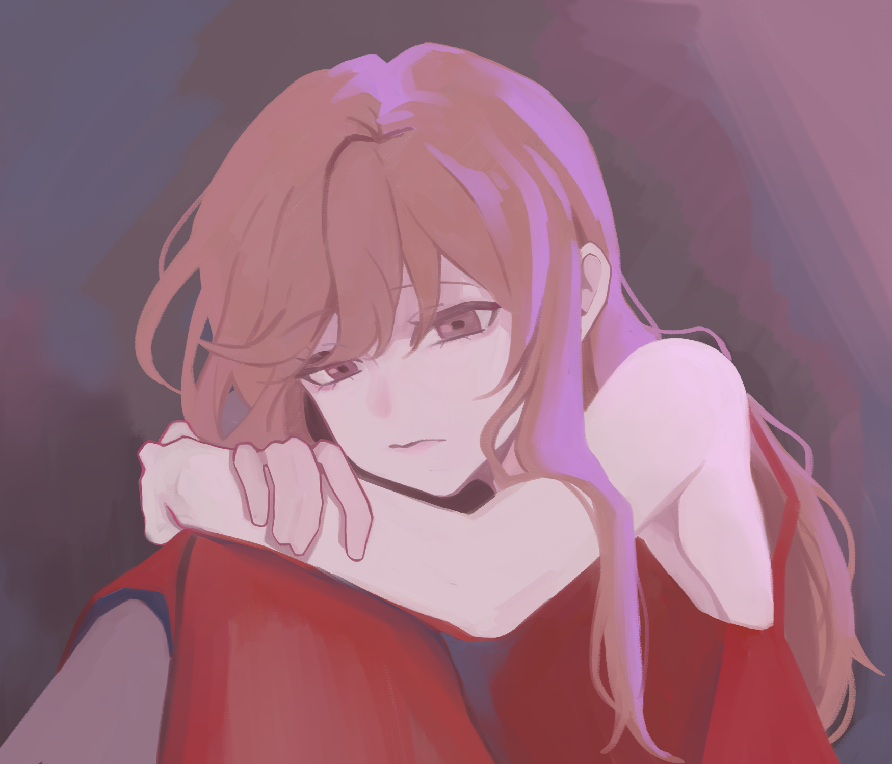 sena ajisai, watashi ga koibito ni nareru wake naijan murimuri!, highres, dress, head on knees, painterly, red dress, sad, yootopii