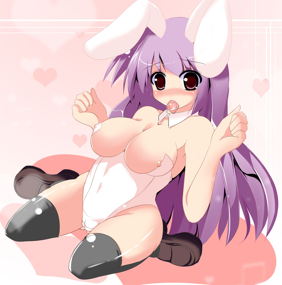 kiki (koikuchikinako), kiki (pixiv), reisen udongein inaba, touhou, 1girl, animal ears, black thighhighs, blush, breasts, cameltoe, cleavage, condom, condom in mouth, covered erect nipples, female focus, large breasts, loafers, long hair, mouth hold, nipple slip, nipples, playboy bunny, purple hair, rabbit ears, rabbit girl, red eyes, shoes, sitting, solo, thighhighs