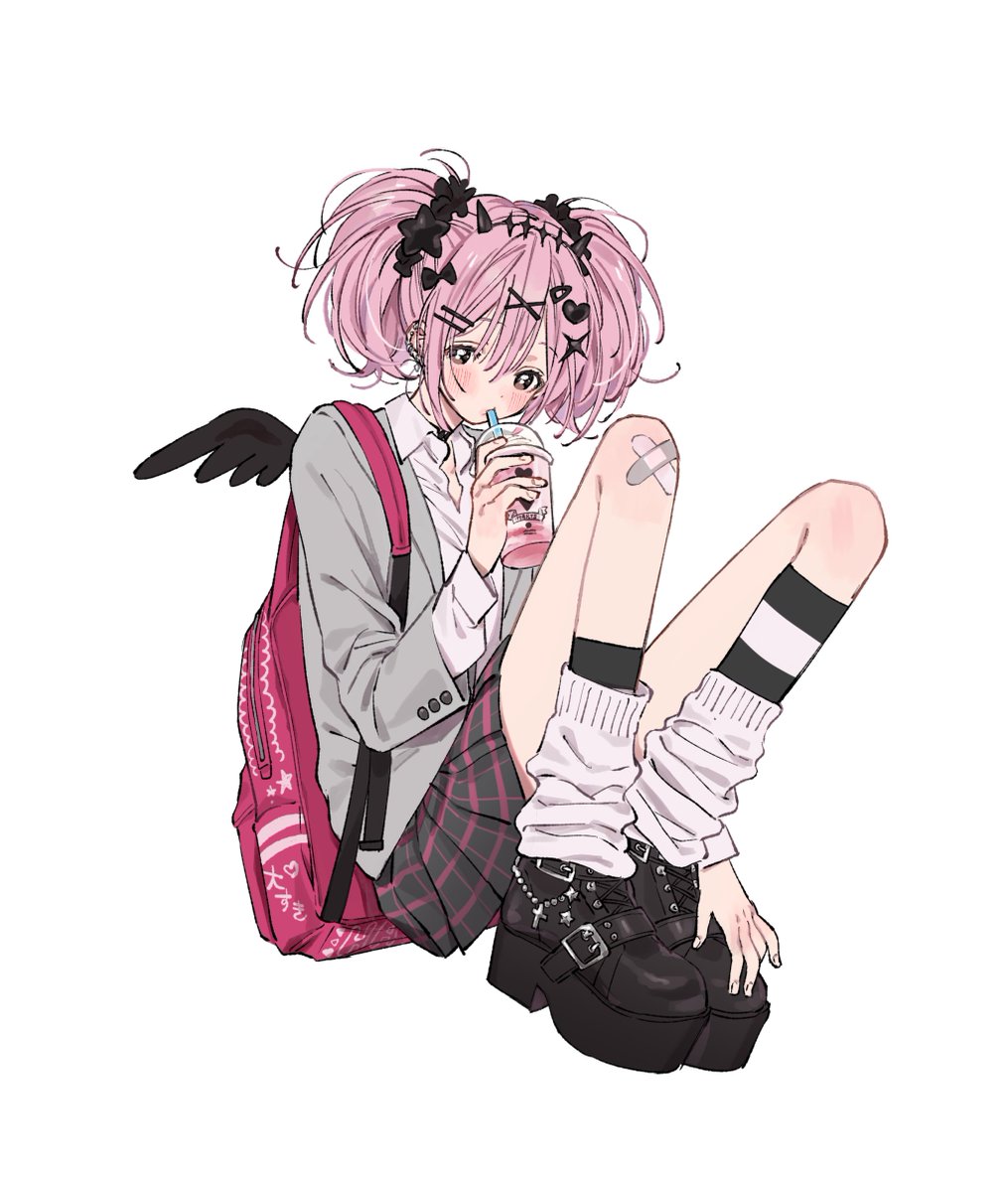 wata kinoshi, original, commentary request, highres, 1girl, backpack, bag, bandaid, bandaid on knee, bandaid on leg, collared shirt, cup, disposable cup, drinking straw, ear piercing, earrings, fake horns, full body, hair ornament, hairband, hairclip, heart, heart hair ornament, holding, holding cup, horns, jacket, jewelry, knees up, long sleeves, loose socks, open clothes, open jacket, piercing, pink eyes, pink hair, plaid clothes, plaid skirt, pleated skirt, shirt, sitting, skirt, socks, solo, striped clothes, striped socks, wings, x hair ornament