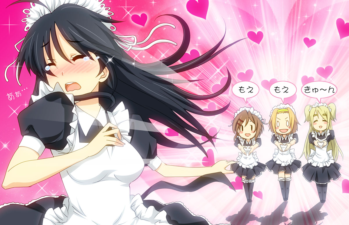 ism, ism (inc), akiyama mio, hirasawa yui, kotobuki tsumugi, tainaka ritsu, k-on!, frilled legwear, 00s, 4girls, alternate costume, black hair, blonde hair, brown hair, closed eyes, enmaided, heart, heart hands, ho-kago tea time, long hair, maid, maid headdress, moe moe kyun!, multiple girls, short hair, tears, thighhighs, twintails