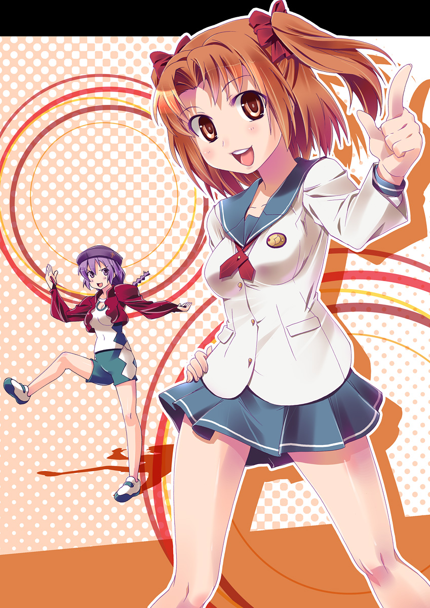 imu sanjo, sion eltnam (type-moon), sion eltnam atlasia, yumizuka satsuki, idolmaster, idolmaster xenoglossia, melty blood, tsukihime, highres, 2girls, braid, brown hair, cosplay, gym uniform, hat, multiple girls, purple hair, school uniform, skirt, smile, twintails, two side up