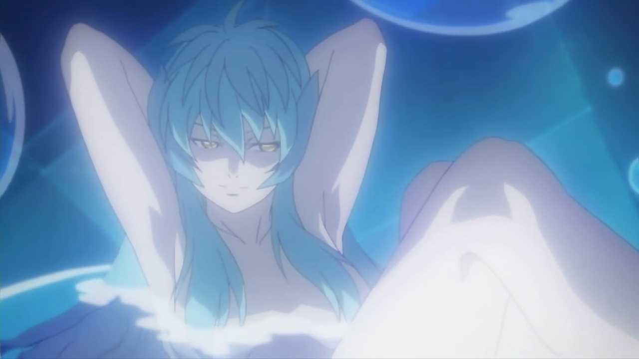 succubus (druaga), druaga no tou, armpits, arms up, blue hair, nude, witch, yellow eyes