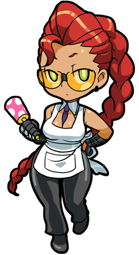 crimson viper, capcom, street fighter, artist request, 1girl, apron, braid, chibi, fauxhawk, female focus, green eyes, looking at viewer, pompadour, ponytail, red hair, solo, sunglasses