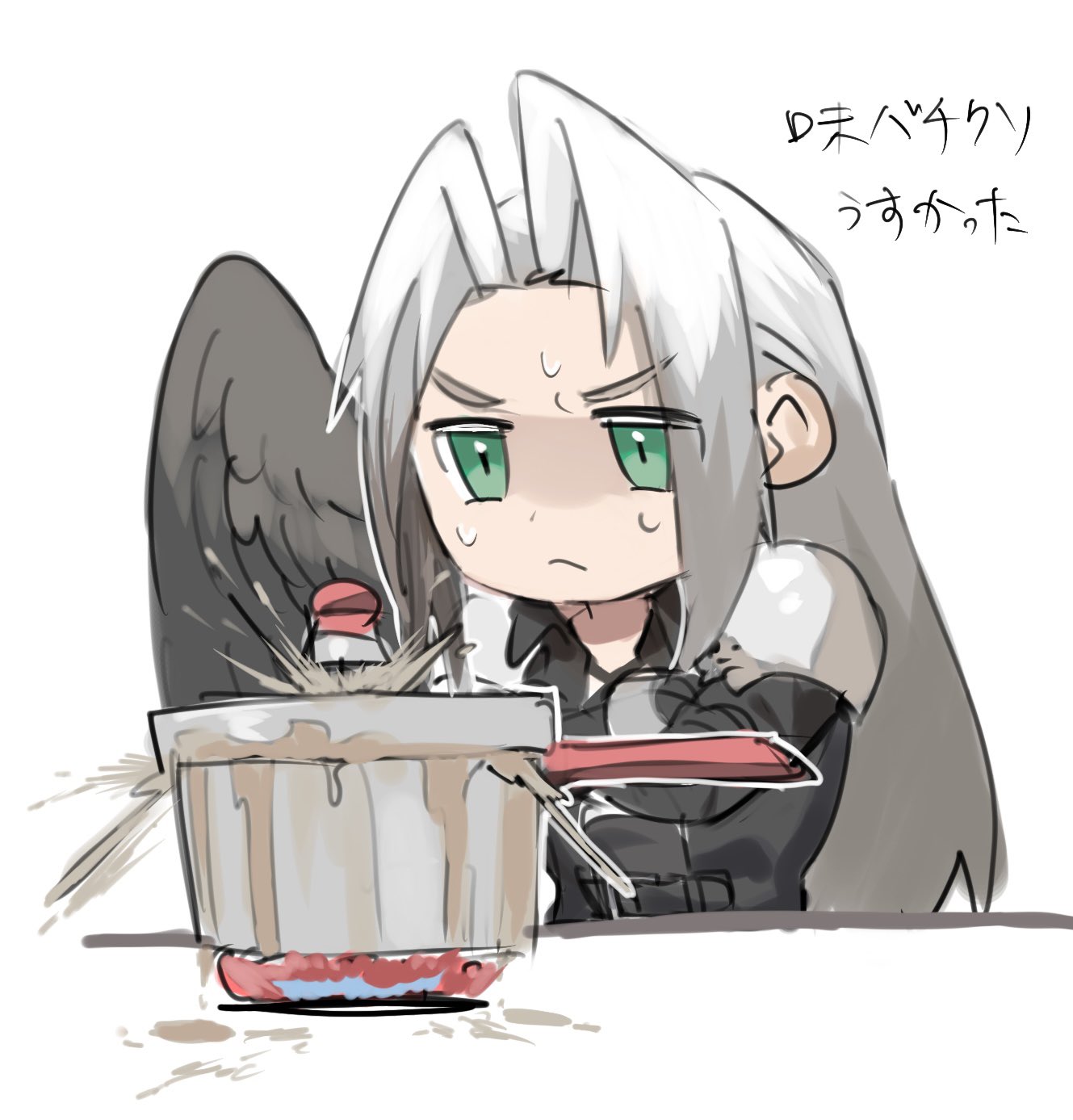 hattouissenbaka, sephiroth, final fantasy, final fantasy vii, commentary request, highres, translation request, 1boy, armor, black coat, black gloves, black wings, bracer, chibi, chibi only, coat, cooking, cooking pot, crossed arms, day, failure, feathered wings, fire, food, furrowed brow, gloves, green eyes, grey hair, indoors, long bangs, long hair, long sleeves, male focus, parted bangs, pauldrons, shoulder armor, single wing, sketch, standing, sweat, upper body, white background, wings, worried