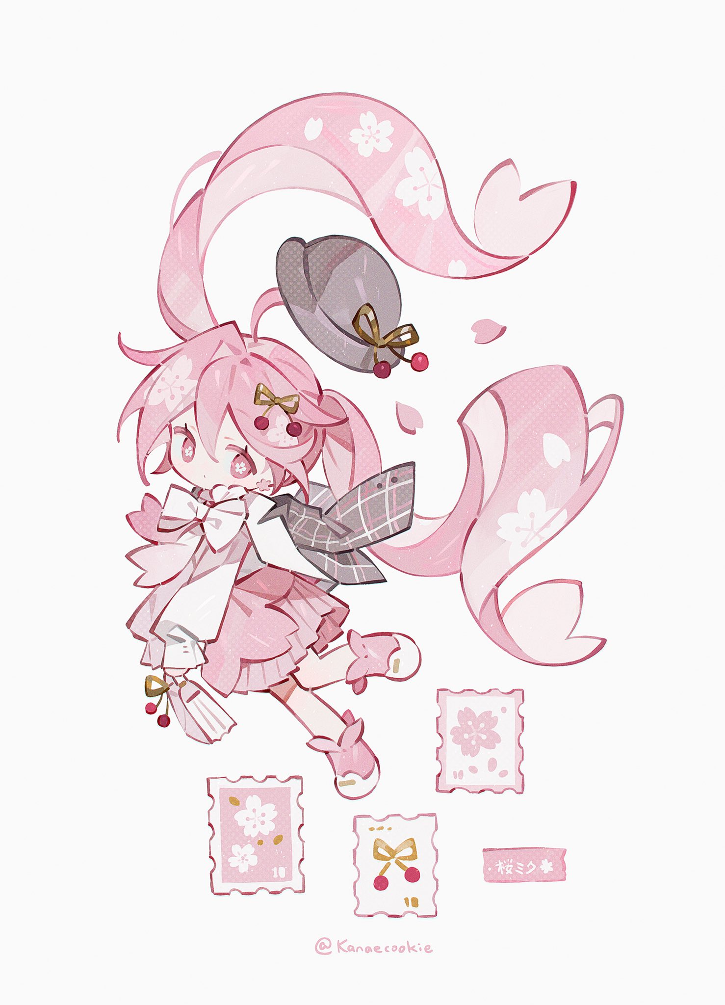 kanae (cookie), hatsune miku, sakura miku, vocaloid, hashtag-only commentary, highres, 1girl, black hat, cherry hair ornament, chibi, chibi only, closed mouth, double-parted bangs, flower-shaped pupils, food-themed hair ornament, full body, hair between eyes, hair ornament, hat, long hair, long sleeves, pink eyes, pink skirt, pink socks, postcard, shirt, shoes, simple background, skirt, socks, solo, standing, standing on one leg, symbol-shaped pupils, twintails, twitter username, unworn hat, unworn headwear, very long hair, white background, white shirt, white shoes
