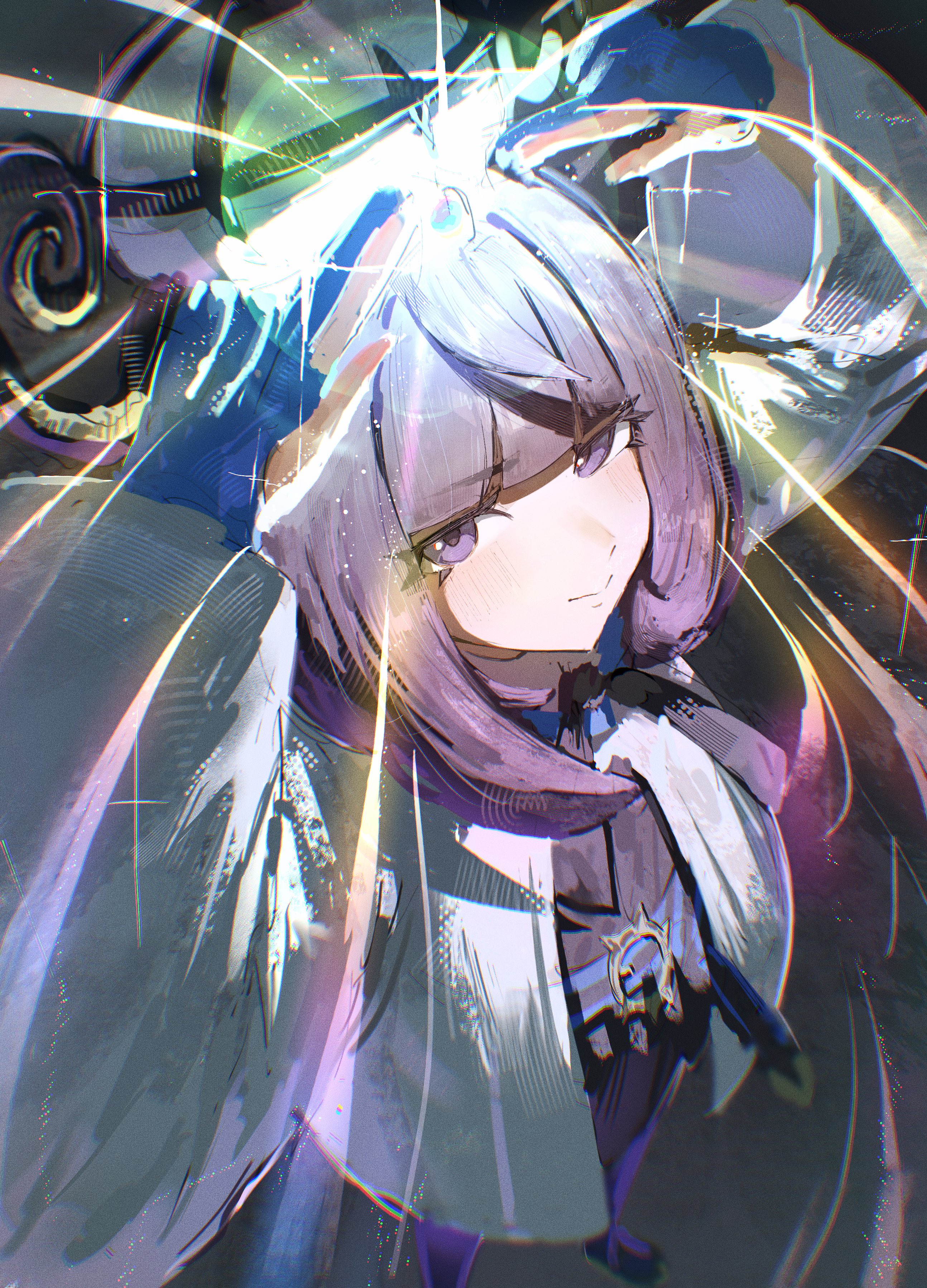 kouchanthree, gwynn (pokemon), nintendo, pokemon, pokemon legends: z-a, absurdres, highres, 1girl, black dress, black hair, blue gloves, blunt bangs, bob cut, closed mouth, coat, dress, gloves, gradient hair, hat, long sleeves, looking at viewer, mega stone, multicolored hair, open clothes, open coat, partially fingerless gloves, purple eyes, purple hair, short hair, solo, upper body, white coat