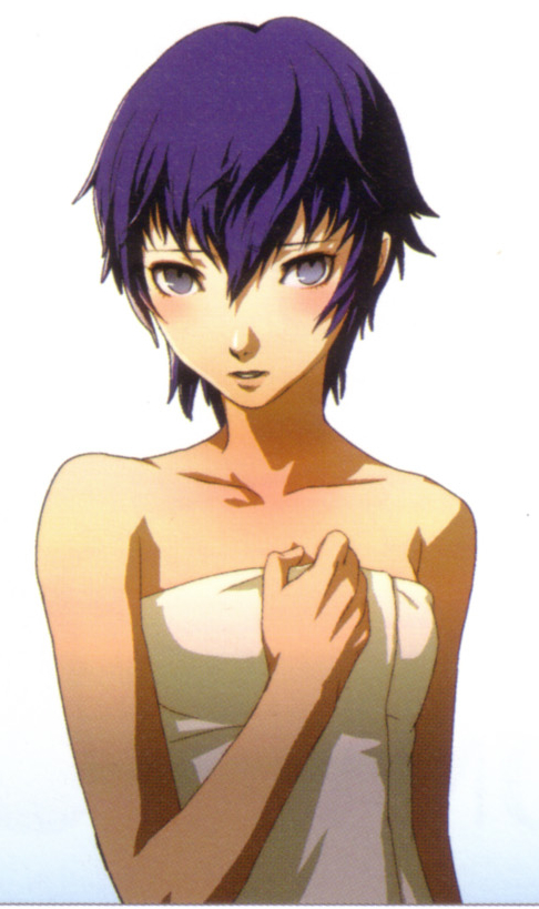shirogane naoto, atlus, persona, persona 4, official art, 1girl, bare shoulders, blue eyes, blue hair, blush, collarbone, female focus, gradient background, matching hair/eyes, naked towel, short hair, solo, towel