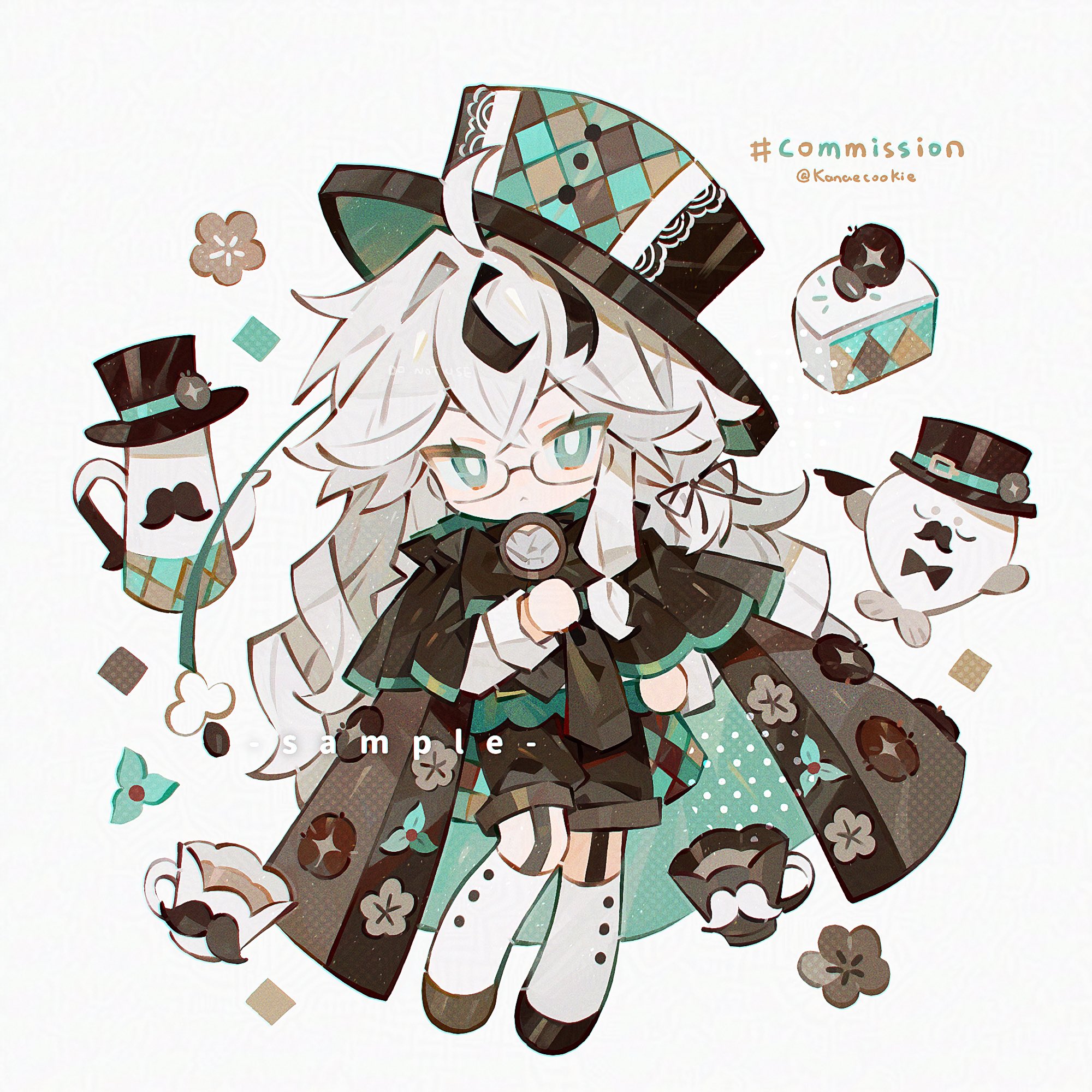 kanae (cookie), original, commission, highres, 1girl, :<, ahoge, black cape, black hat, black shoes, black shorts, bright pupils, cake, cake slice, cape, chibi, chibi only, closed mouth, crossed bangs, cup, double-parted bangs, food, full body, glasses, green eyes, hat, holding, holding magnifying glass, long hair, long sleeves, looking at viewer, magnifying glass, seal (animal), shirt, shoes, shorts, simple background, socks, solo, standing, teacup, teapot, twitter username, white background, white hair, white pupils, white shirt, white socks