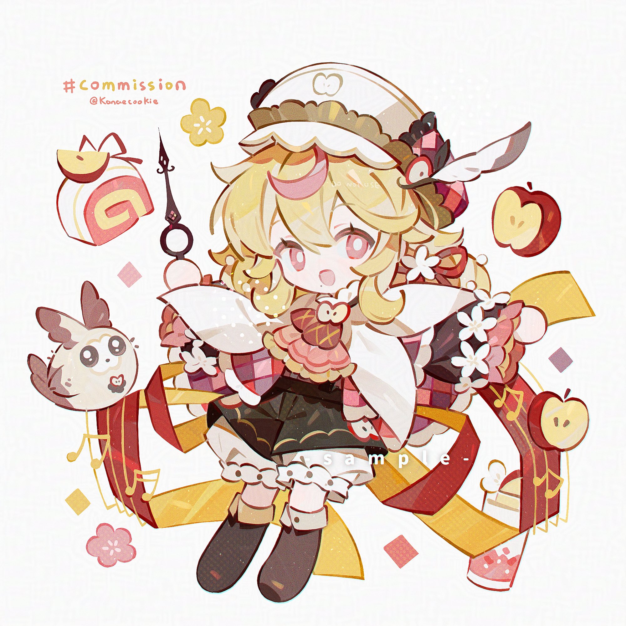 kanae (cookie), original, commission, highres, 1girl, :d, :o, apple, black shirt, black shorts, blonde hair, boots, bright pupils, brown boots, chibi, chibi only, double-parted bangs, food, fruit, full body, hair between eyes, hat, long hair, long sleeves, looking at viewer, mole, mole under mouth, open mouth, pink eyes, shirt, shorts, simple background, smile, solo, standing, twitter username, white background, white hat, white pupils