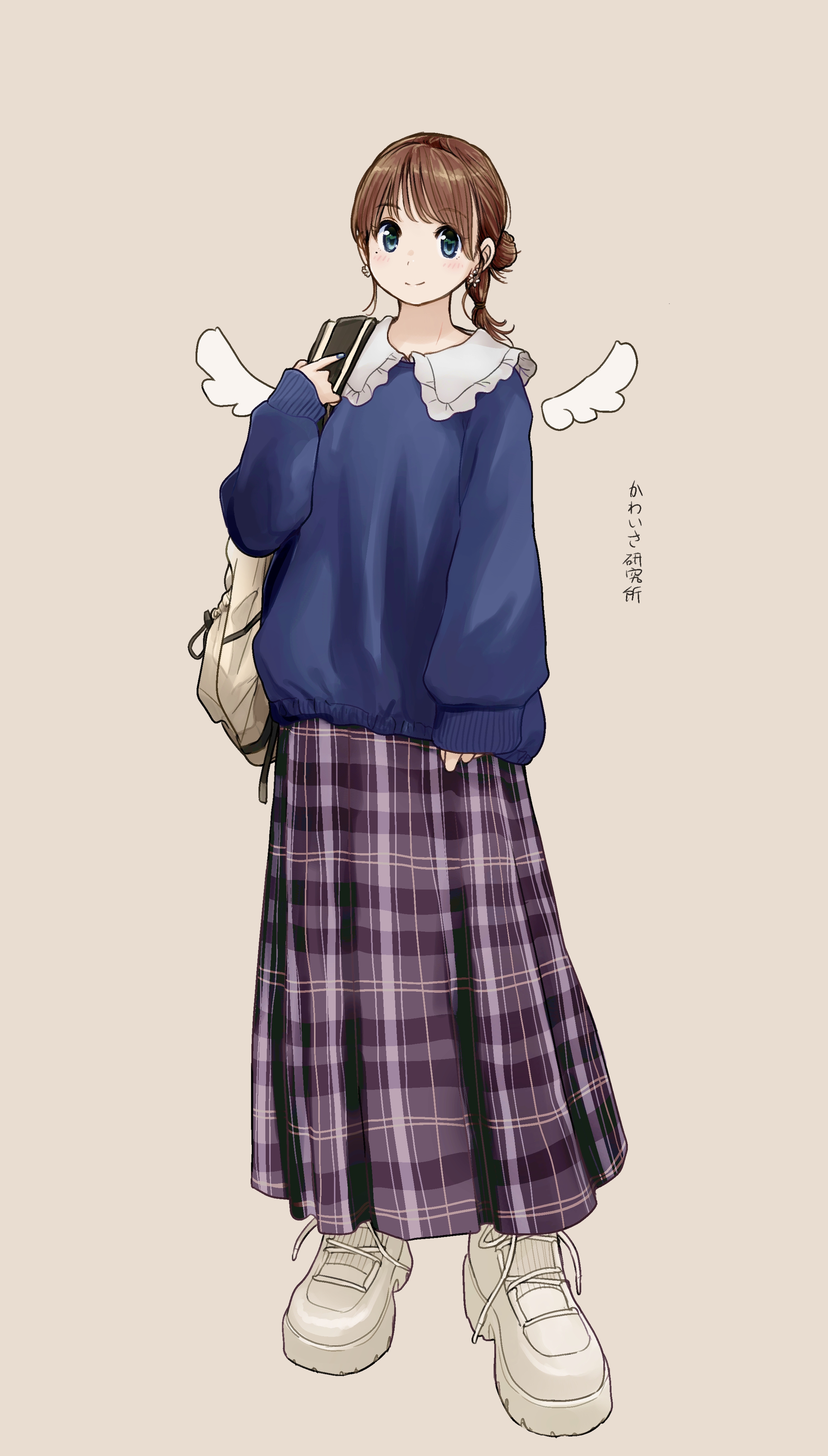 azumaya toushirou, original, absurdres, commentary request, highres, translation request, 1girl, backpack, bag, blue eyes, brown hair, detached wings, earrings, frilled shirt collar, frills, full body, hair bun, jewelry, long hair, long skirt, long sleeves, looking at viewer, plaid clothes, plaid skirt, pleated skirt, shoes, single hair bun, skirt, sleeves past wrists, smile, sneakers, solo, wings