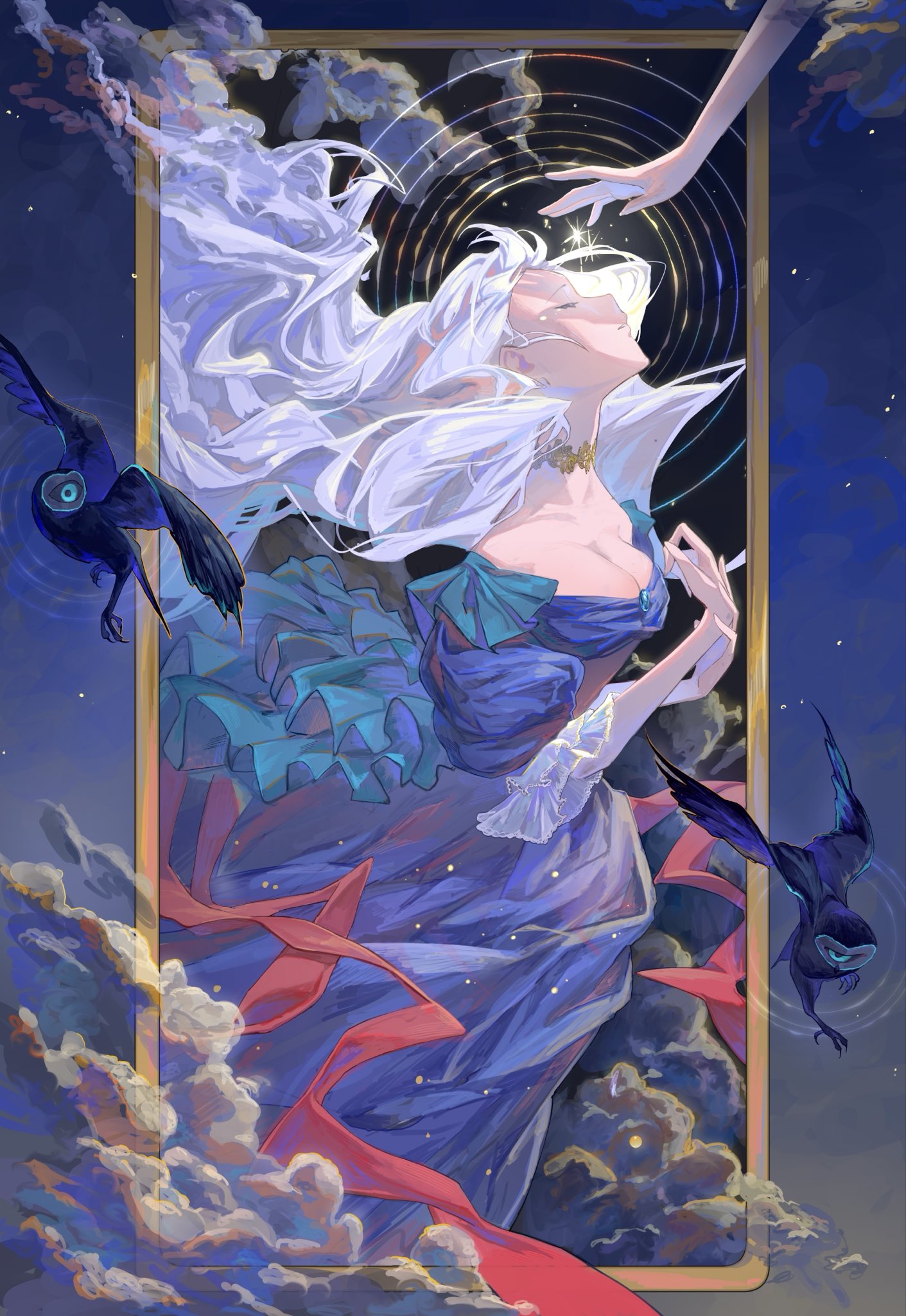 original, facing up, commentary, hashtag-only commentary, highres, 1girl, 1other, bird, black bird, blue dress, breasts, cleavage, closed eyes, closed mouth, cloud, dress, medium breasts, nnata ggg, own hands together, solo focus, white hair