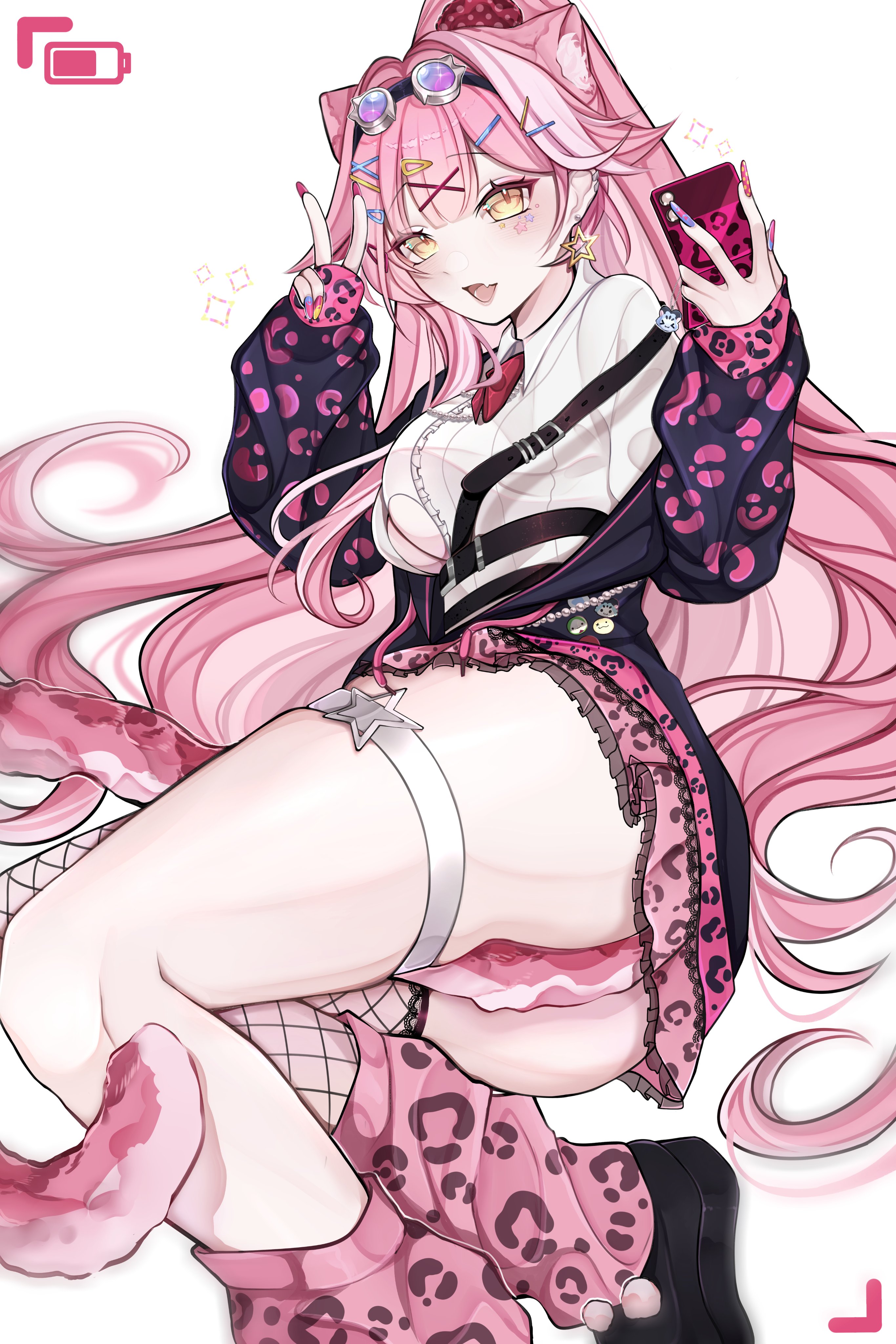 rosheil, raora panthera, hololive, hololive english, absurdres, commentary, highres, 1girl, alternate costume, animal ear fluff, animal ears, animal print, ass, battery indicator, black jacket, black shoes, breasts, cellphone, clothing cutout, double-parted bangs, fang, fishnet thighhighs, fishnets, foot out of frame, goggles, goggles on headwear, gyaru, hair ornament, hairclip, holding, holding phone, jacket, leopard print, long hair, long sleeves, looking at viewer, medium breasts, multicolored nails, open clothes, open jacket, open mouth, panther ears, panther girl, panther tail, phone, pink hair, pink skirt, pink socks, shirt, shoes, simple background, single thighhigh, skin fang, skirt, smartphone, smile, socks, solo, tail, thigh strap, thighhighs, underboob cutout, virtual youtuber, white background, white shirt, x hair ornament, yellow eyes