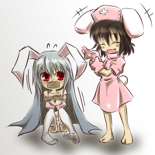 noya makoto, inaba tewi, reisen udongein inaba, touhou, lowres, 2girls, adjusting clothes, adjusting gloves, angry, animal ears, barefoot, bdsm, blush, bondage, bound, bra, female focus, femdom, gag, gagged, gloves, improvised gag, lingerie, long hair, multiple girls, nurse, panties, pink bra, pink panties, rabbit ears, tape, tape gag, thighhighs, underwear, underwear only, very long hair, white bra, white panties, white thighhighs