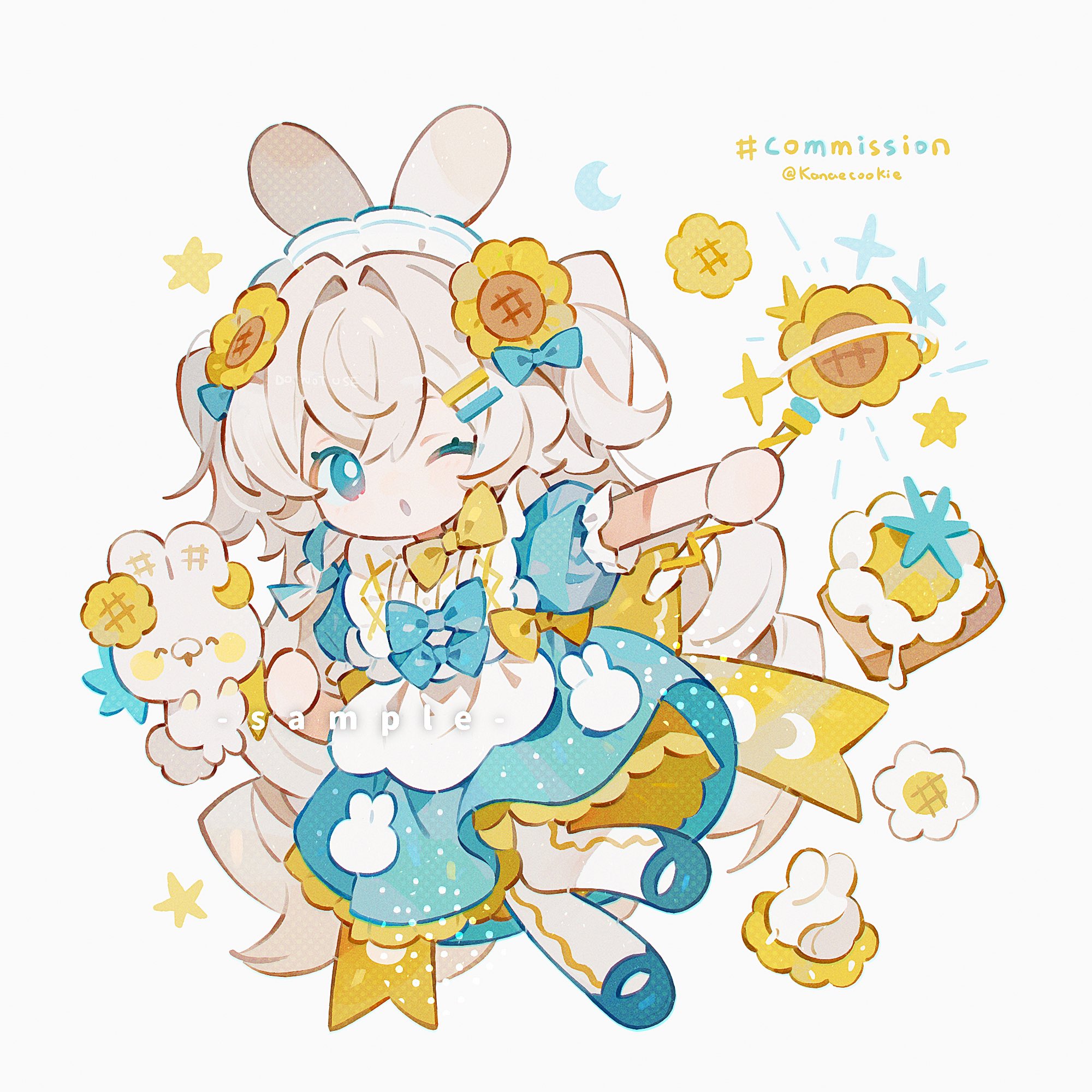 kanae (cookie), original, commission, highres, 1girl, ;o, animal ears, apron, ball hands, blue bow, blue dress, blue eyes, blue shoes, bow, bowtie, chibi, chibi only, double-parted bangs, dress, flower, frilled sleeves, frills, full body, hair bow, hair flower, hair ornament, holding, holding wand, long hair, looking at viewer, one eye closed, open mouth, pantyhose, rabbit ears, rabbit girl, shoes, short sleeves, simple background, solo, sunflower, twitter username, two side up, wand, white apron, white background, white hair, white pantyhose, yellow bow, yellow bowtie