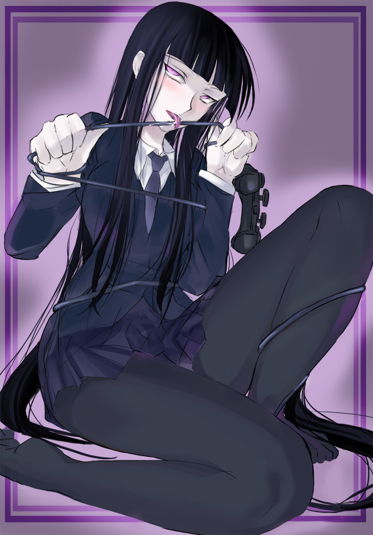 fura, female protagonist (houkago play), houkago play, 1girl, black hair, black pantyhose, female focus, game console, licking, long hair, necktie, panties, panties under pantyhose, pantyhose, pantyshot, playstation 2, saliva, school uniform, skirt, solo, tongue, underwear, upskirt, very long hair