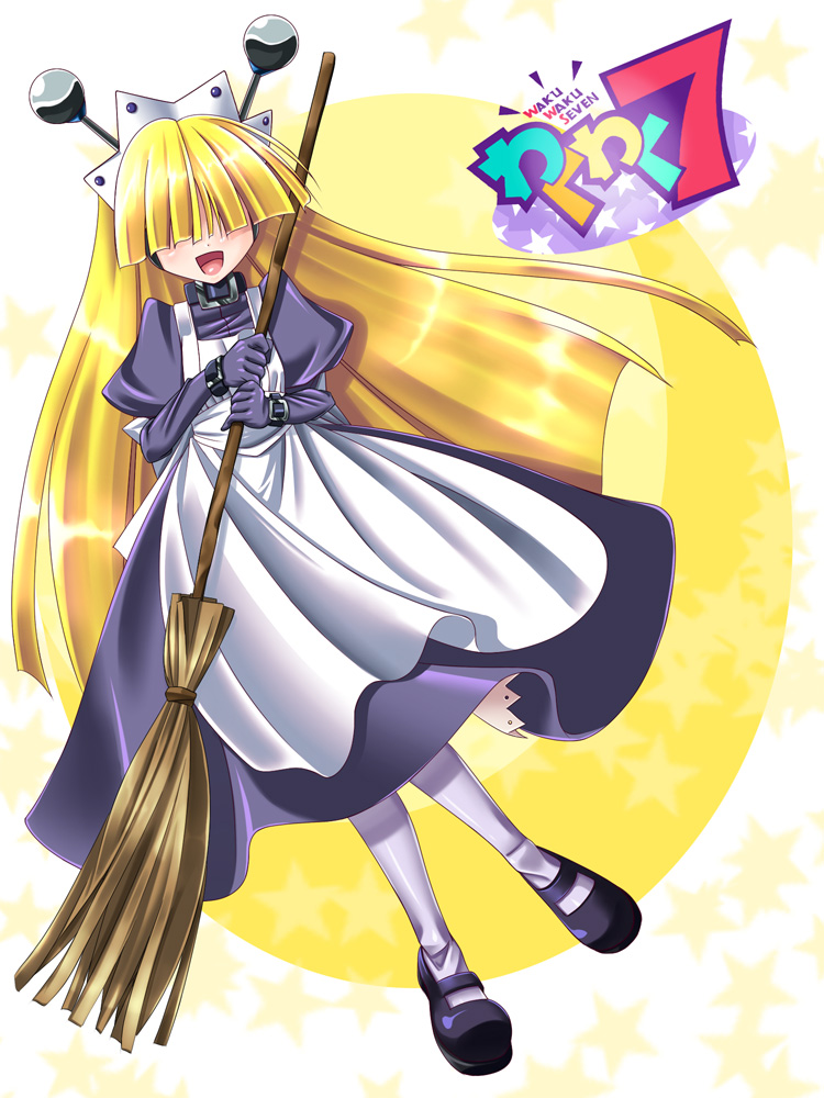 kuga (rinkane), tesse, waku waku 7, 1girl, android, apron, blonde hair, broom, collar, copyright name, dress, elbow gloves, female focus, floating, gloves, hair over eyes, logo, long hair, maid, maid apron, maid headdress, pantyhose, purple dress, robot ears, solo, white pantyhose, yellow background