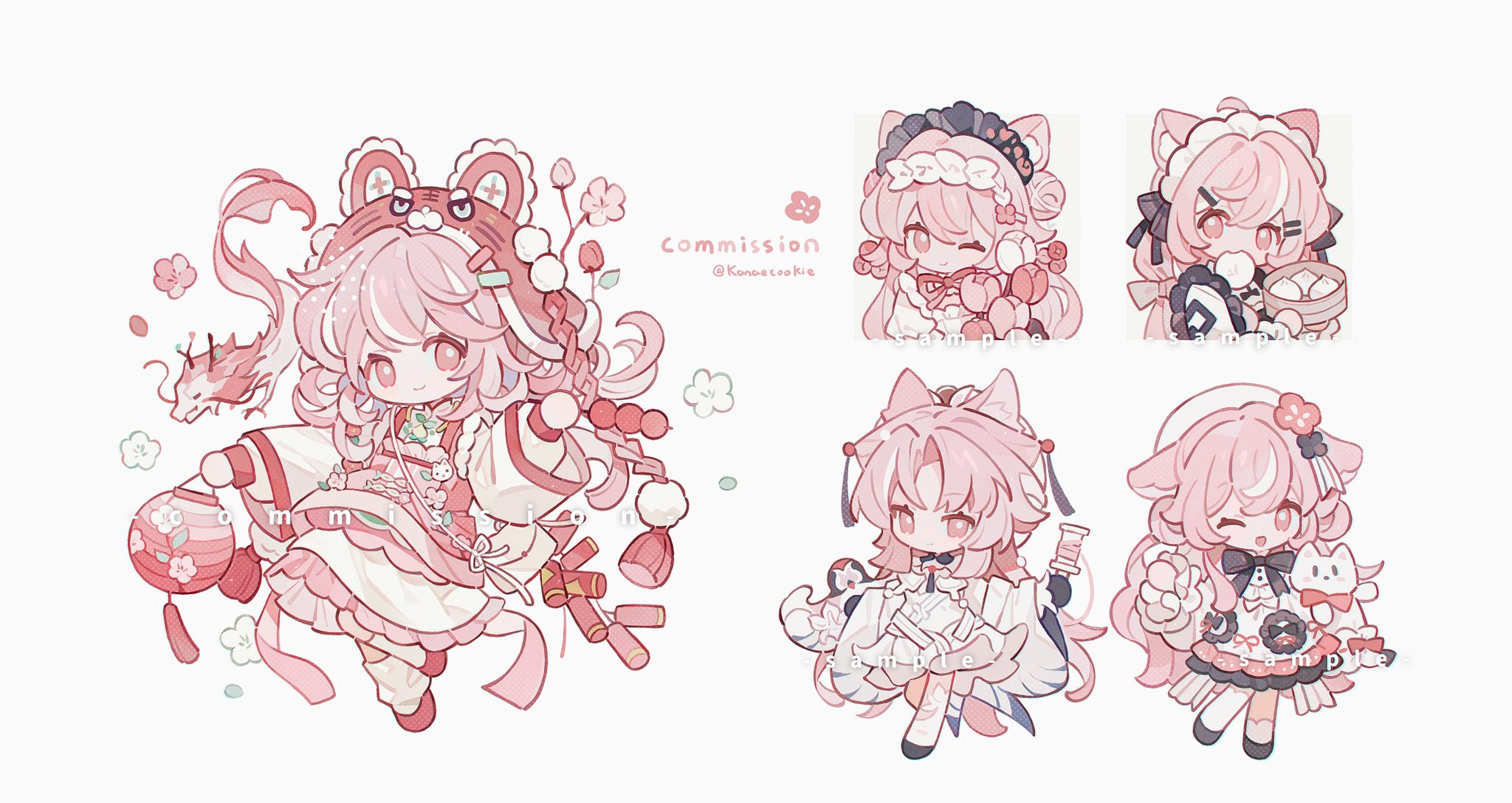 kanae (cookie), original, commission, highres, 1girl, ;), ;d, ball hands, black bow, black bowtie, bow, bowtie, chibi, chibi only, closed mouth, dress, food, frilled dress, frills, full body, hand up, hat, holding, holding lantern, lantern, long hair, long sleeves, looking at viewer, one eye closed, open mouth, paper lantern, parted bangs, pink eyes, pink hair, red hat, red shoes, shoes, simple background, smile, socks, standing, steamed bun, twitter username, white background, white dress, white socks