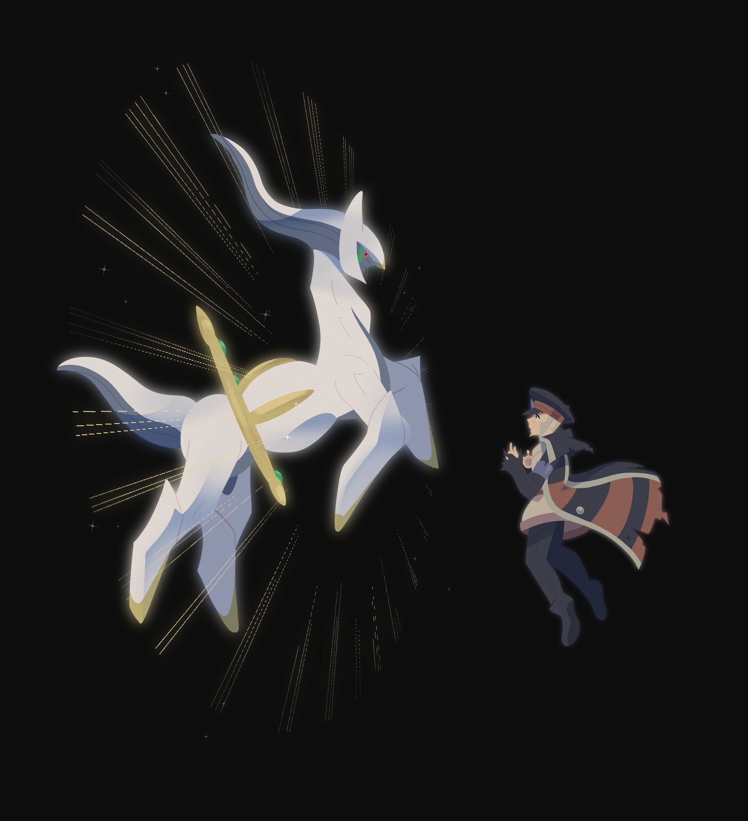 galaxysketches, arceus, ingo (pokemon), nintendo, pokemon, pokemon legends: arceus, pokemon legends: z-a, absurdres, commentary, english commentary, highres, 1boy, black background, black boots, black hat, black pants, boots, coat, floating, floating clothes, gen 4 pokemon, grey hair, hat, legendary pokemon, looking at another, male focus, mythical pokemon, pants, peaked cap, pokemon (creature), red eyes, sideburns