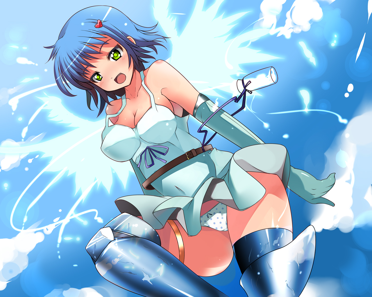 ippongui, angel of light nanael, nanael (queen's blade), queen's blade, 00s, angel, angel wings, bare shoulders, blue hair, blue theme, blush, boots, elbow gloves, gloves, green eyes, miniskirt, panties, pantyshot, polka dot, polka dot panties, skirt, solo, thighhighs, underwear, upskirt, wings