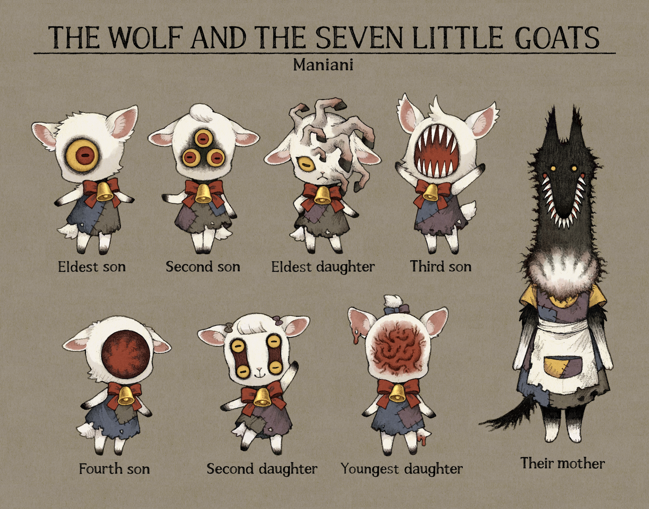 maniani, original, highres, 4boys, 4girls, animal ear fluff, animal ears, apron, bell, bow, creature, dress, extra eyes, extra legs, family, goat, goat boy, goat ears, goat girl, goat horns, goat tail, horns, monster, multiple boys, multiple girls, simple background, tail, teeth, wolf, wolf ears, wolf girl, wolf tail, yellow eyes