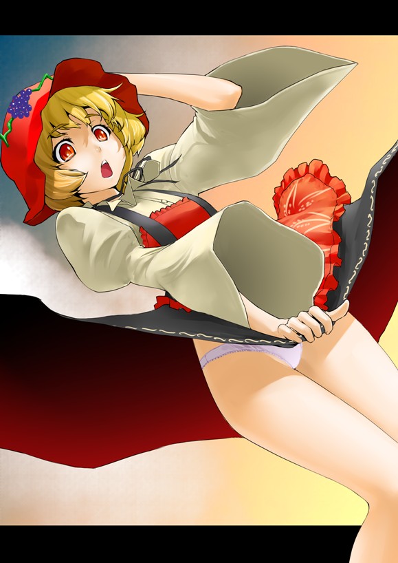 mak, aki minoriko, mountain of faith, touhou, bad id, bad pixiv id, 1girl, :o, apron, black dress, blonde hair, blouse, blush, covering crotch, covering privates, dress, dress tug, dutch angle, female focus, from below, hand on headwear, hat, lace, lace-trimmed panties, lace trim, legs, open mouth, panties, pantyshot, pinafore dress, red eyes, shirt, short hair, sleeveless, sleeveless dress, solo, standing, sun hat, underwear, upskirt, white panties, wide sleeves, wind, wind lift