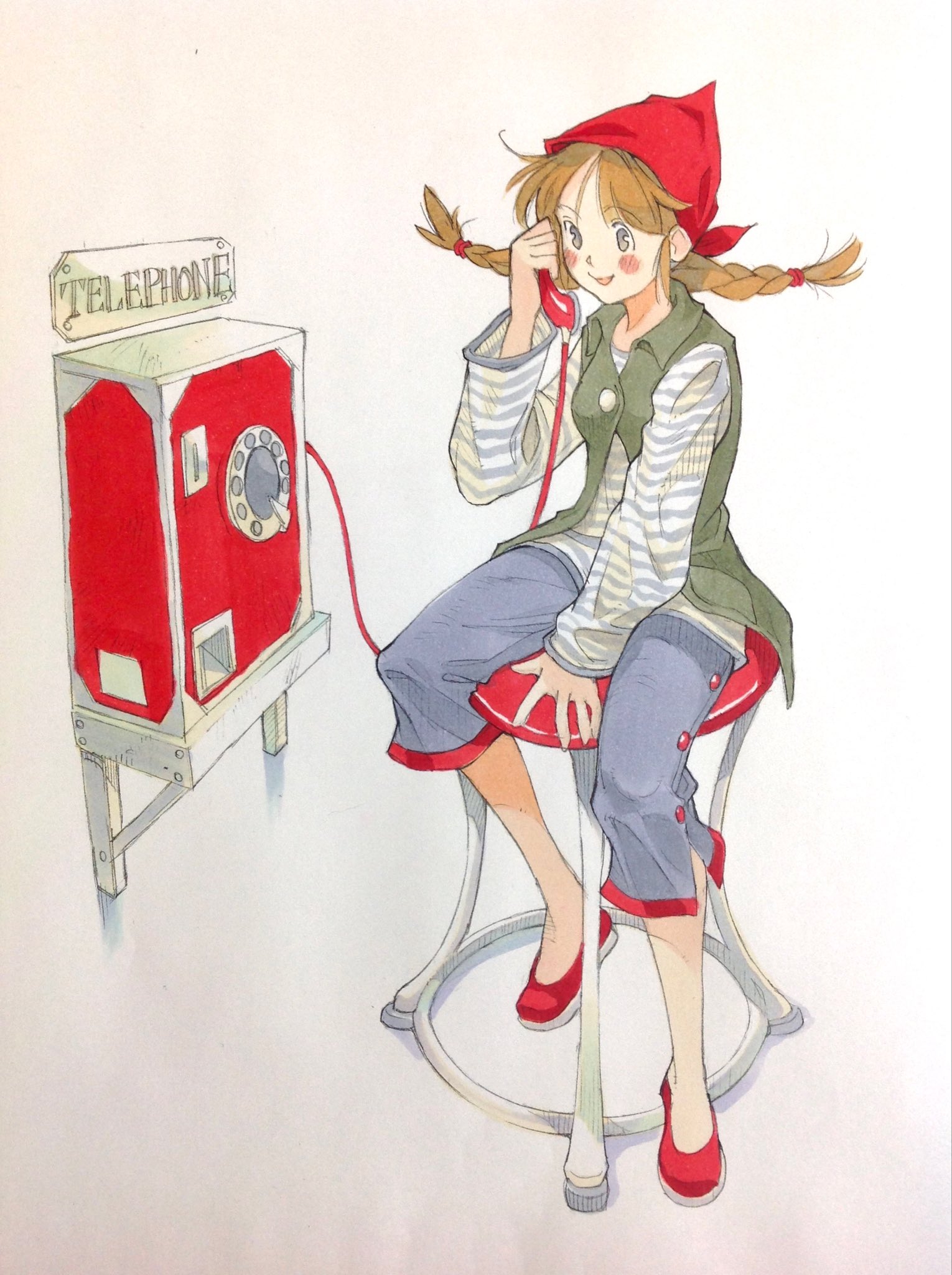 peter salt, original, commentary request, highres, traditional media, 1girl, antique phone, between legs, blue pants, braid, brown hair, capri pants, collared vest, corded phone, full body, green vest, grey eyes, hand between legs, hat, holding, holding phone, medium hair, on stool, open mouth, pants, phone, phrygian cap, red hat, red shoes, rotary phone, shirt, shoes, sitting, smile, solo, stool, striped clothes, striped shirt, twin braids, vest, white shirt