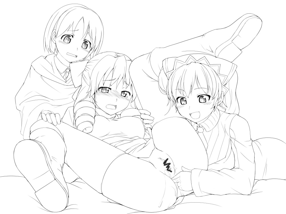 hiru okita, nekomura, alicia melchiott, isara gunther, susie evans, senjou no valkyria, senjou no valkyria (series), senjou no valkyria 1, 00s, 3girls, anal, anal fingering, blush, bottomless, censored, drill hair, fingering, greyscale, monochrome, multiple girls, thighhighs, yuri