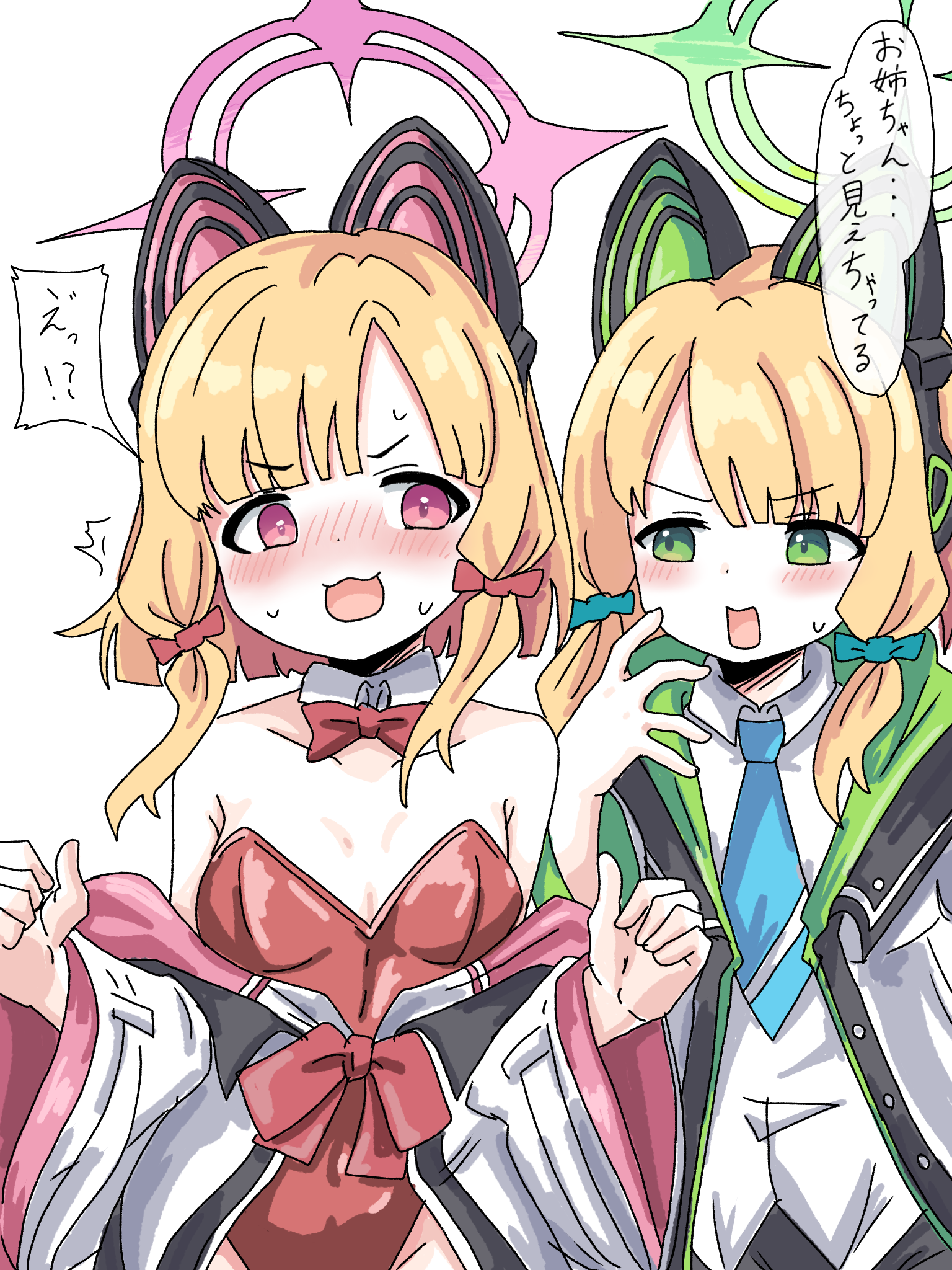 tachikaze miyako, midori (blue archive), momoi (blue archive), blue archive, commentary request, highres, partial commentary, translation request, 2girls, :3, :d, alternate costume, animal ear headphones, animal ears, aqua bow, bare shoulders, blonde hair, blue necktie, blunt bangs, blunt ends, blush, bob cut, bow, bowtie, breasts, cat ear headphones, cat ears, collarbone, collared shirt, detached collar, fake animal ears, green eyes, green halo, hair bow, halo, hands up, headphones, highleg, highleg leotard, indoors, jacket, leotard, long sleeves, looking at another, medium hair, multiple girls, necktie, nervous smile, nervous sweating, nose blush, open clothes, open jacket, open mouth, pink eyes, pink halo, playboy bunny, red bow, red bowtie, red leotard, school uniform, shirt, siblings, sidelocks, simple background, sisters, small breasts, smile, speech bubble, strapless, strapless leotard, sweat, sweatdrop, tareme, twins, v-shaped eyebrows, white background, white jacket, white shirt, wide sleeves