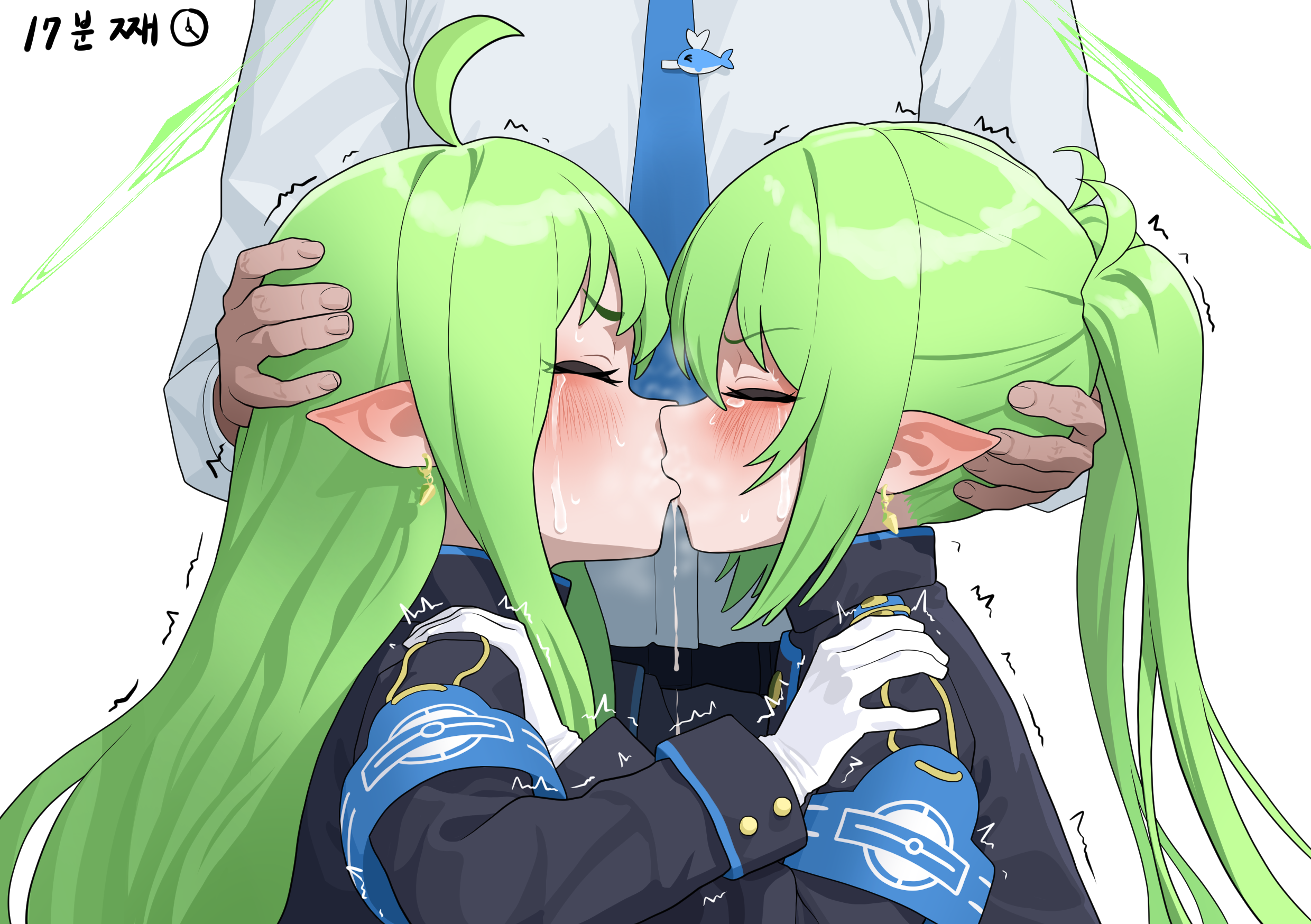okokorika, hikari (blue archive), nozomi (blue archive), sensei (blue archive), blue archive, highres, korean commentary, translation request, 1boy, 2girls, ahoge, armband, black jacket, blue armband, blue necktie, blush, drooling, earrings, forced kiss, gloves, green hair, halo, hand on another's shoulder, jacket, jewelry, kiss, korean text, long hair, multiple girls, necktie, pointy ears, profile, shirt, siblings, simple background, sisters, straight hair, tears, twins, twintails, twitching, very long hair, white background, white gloves, white shirt