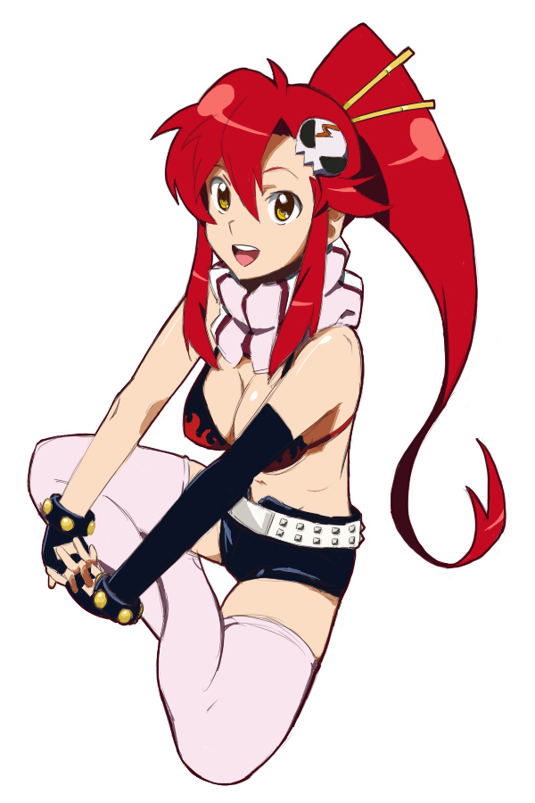 kazunari, yoko littner, tengen toppa gurren lagann, 00s, 1girl, belt, bikini, bikini top only, black bikini, breasts, cleavage, female focus, fingerless gloves, gloves, hair ornament, large breasts, midriff, pink thighhighs, ponytail, red hair, scarf, short shorts, shorts, solo, striped clothes, striped scarf, swimsuit, thighhighs, yellow eyes