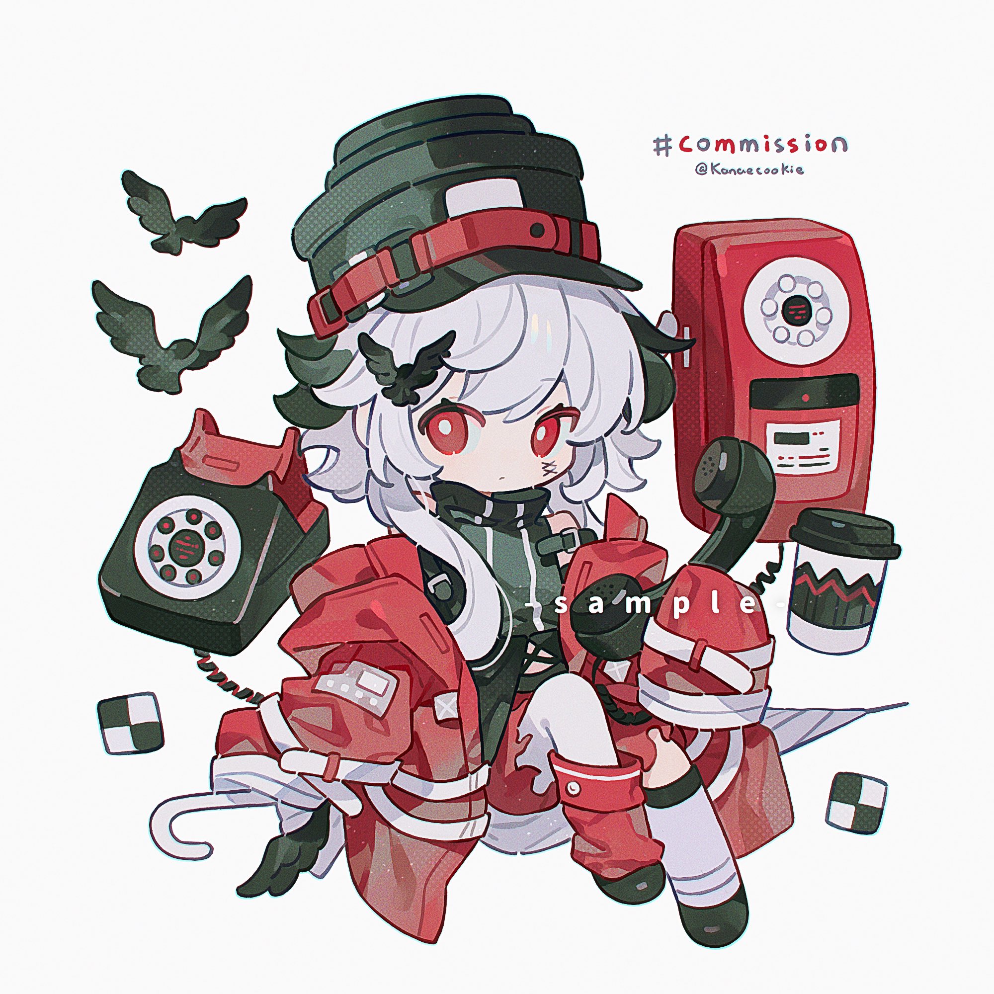 kanae (cookie), original, commission, highres, 1girl, antique phone, asymmetrical legwear, bare shoulders, black hat, black shoes, black shorts, bright pupils, checkerboard cookie, chibi, chibi only, closed mouth, cookie, food, full body, grey hair, hat, holding, holding phone, jacket, long sleeves, looking at viewer, mismatched legwear, off shoulder, open clothes, open jacket, phone, red eyes, red jacket, red shorts, red socks, rotary phone, shoes, short hair with long locks, shorts, simple background, sleeves past fingers, sleeves past wrists, socks, solo, twitter username, white background, white pupils, white socks