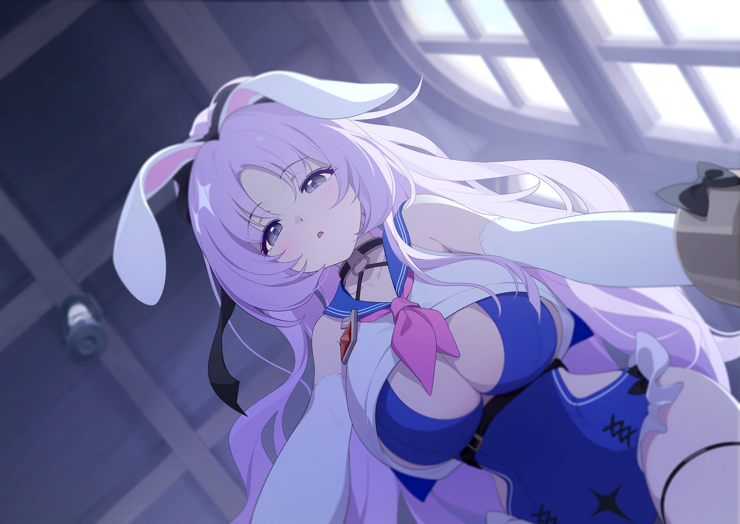 stella sora, game cg, highres, non-web source, official art, 1girl, animal ears, blue one-piece swimsuit, breasts, cleavage, crop top, cropped shirt, elbow gloves, frilled one-piece swimsuit, frills, from below, gloves, grey eyes, large breasts, looking at viewer, neckerchief, one-piece swimsuit, parted bangs, parted lips, pink neckerchief, purple hair, rabbit ears, shia (stella sora), shirt, solo, swimsuit, white gloves, white shirt