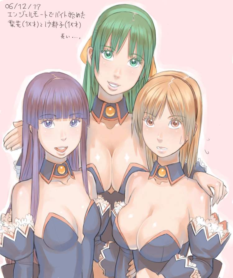 zenkou, furude rika, houjou satoko, sonozaki shion, higurashi no naku koro ni, 00s, 3girls, aged up, angel mort, breasts, cleavage, detached collar, detached sleeves, green eyes, green hair, multiple girls