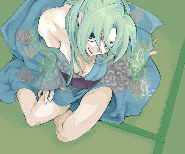 sonozaki shion, higurashi no naku koro ni, artist request, 00s, 1girl, blue eyes, breasts, cleavage, crazy, crazy smile, dilated pupils, female focus, floor, floral print, green hair, hair between eyes, hair down, hand on floor, hand on own hip, japanese clothes, kimono, long hair, looking at viewer, oekaki, on floor, sitting, smile, solo