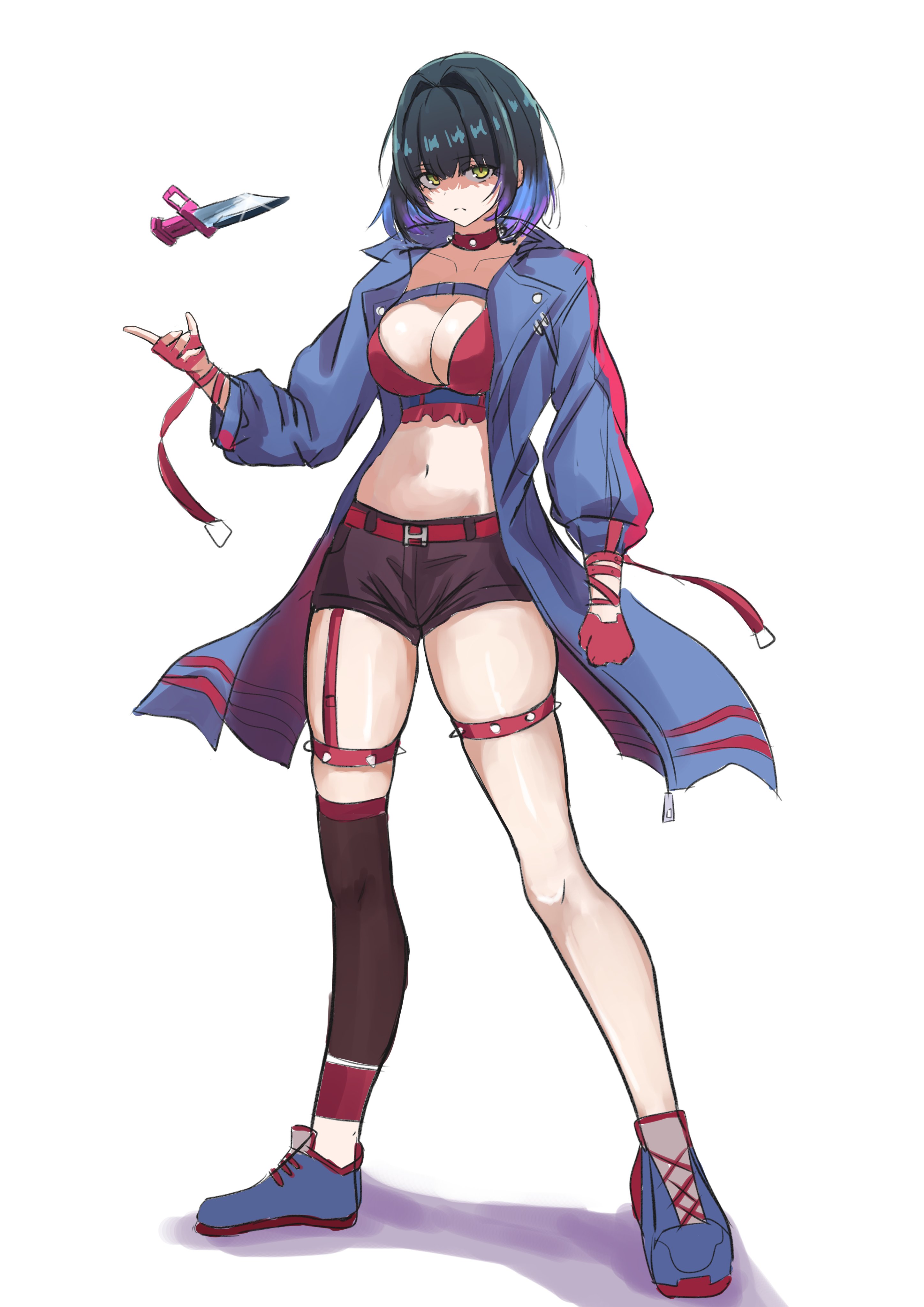 0 karao ekaki renshuu man, chaos zero nightmare, absurdres, highres, 1girl, belt, black hair, blue jacket, breasts, chest harness, cleavage, collar, crop top, fingerless gloves, gloves, green eyes, harness, jacket, knife, large breasts, long sleeves, looking at viewer, medium hair, midriff, multicolored hair, navel, open clothes, open jacket, red collar, red gloves, red shirt, shirt, shoes, short shorts, shorts, sneakers, solo, spiked collar, spikes, stomach, thigh strap, thighs, tressa (chaos zero nightmare), two-tone hair