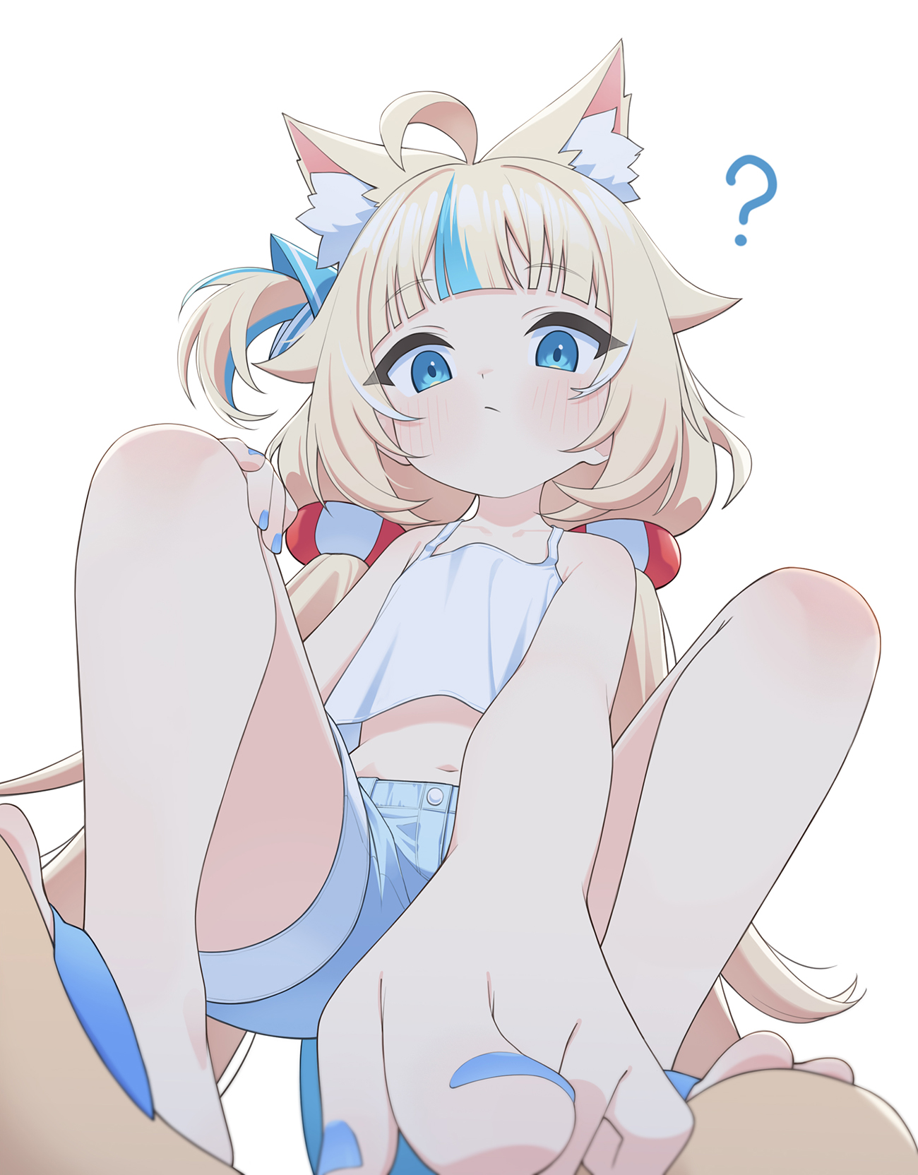 ugaaaa1, sameko saba, indie virtual youtuber, highres, 1girl, ?, ahoge, animal ear fluff, animal ears, blonde hair, blue eyes, blue nails, blue streaks, blunt bangs, camisole, cat ears, crop top, denim, denim shorts, fins, fish girl, fish tail, from below, lifebuoy hair ornament, long hair, looking at viewer, low twintails, midriff, multicolored hair, nail polish, navel, one side up, pointing, pointing at viewer, sandals, shorts, sidelocks, solo, spaghetti strap, squatting, streaked hair, tail, twintails, very long hair, virtual youtuber, white background, white camisole