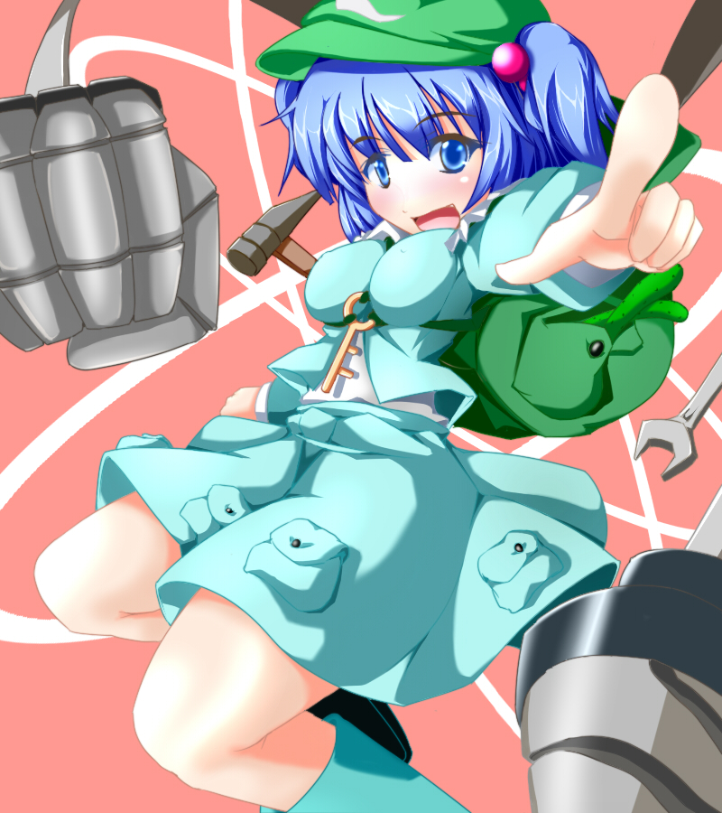 niracha, kawashiro nitori, touhou, bad id, bad pixiv id, 1girl, backpack, bag, blue eyes, blue hair, breasts, covered erect nipples, drill, female focus, large breasts, matching hair/eyes, mechanical arms, randoseru, short hair, single mechanical arm, solo, twintails, two side up