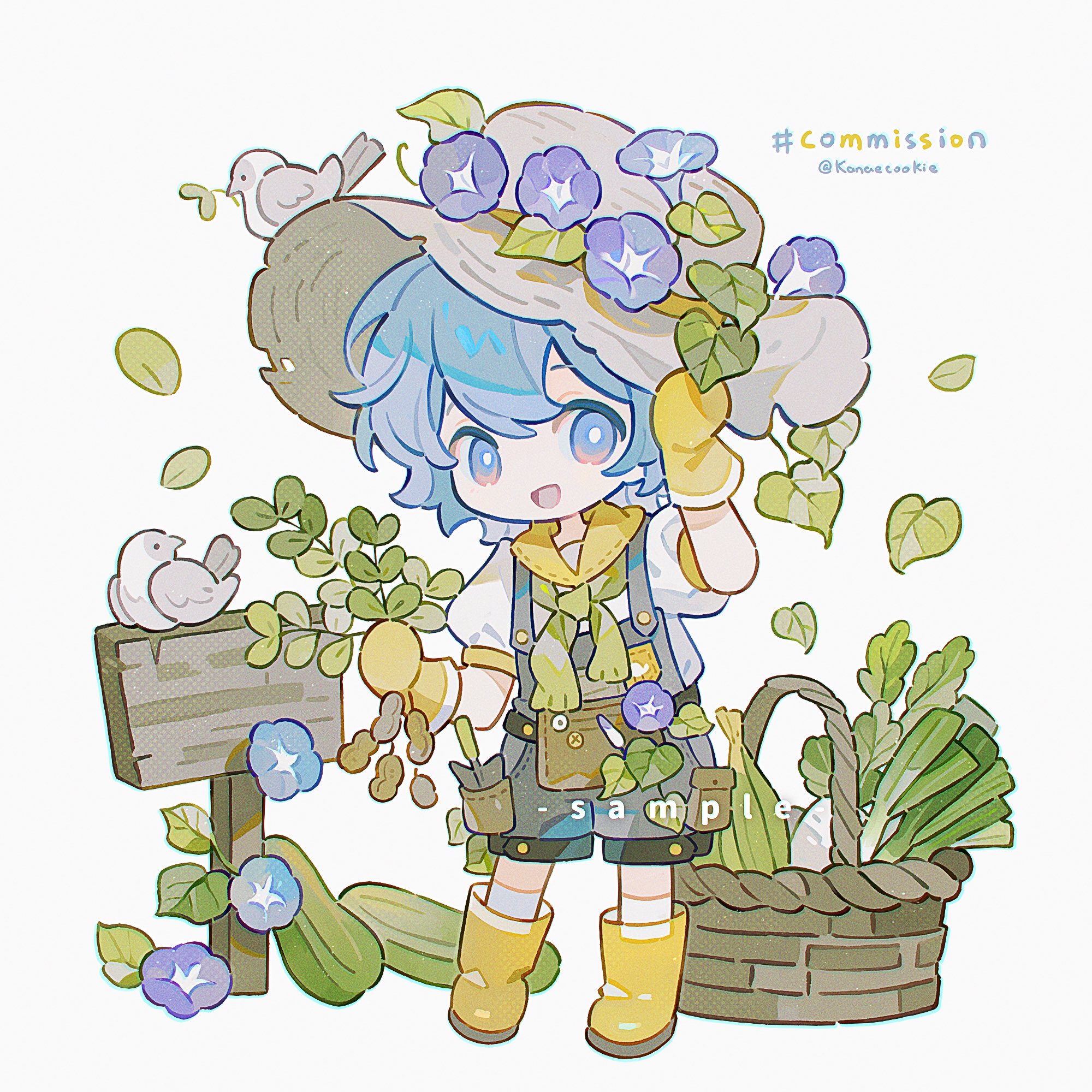 kanae (cookie), original, commission, highres, 1girl, :d, basket, boots, chibi, chibi only, flower, full body, gloves, grey hat, grey overalls, hand on headwear, hat, hat flower, looking at viewer, open mouth, overall shorts, overalls, purple flower, rubber boots, shirt, short sleeves, simple background, smile, socks, solo, spring onion, standing, twitter username, white background, white shirt, white socks, yellow boots, yellow gloves