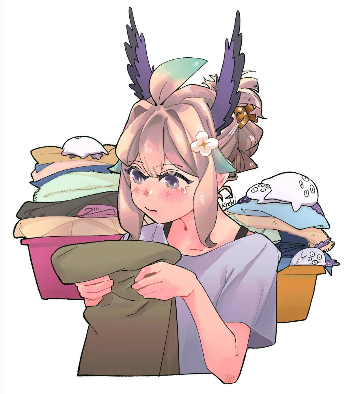 krebii, aloupeep (enna alouette), enna alouette, nijisanji, nijisanji en, highres, 1girl, ahoge, aqua hair, artist name, blonde hair, blush, folded ponytail, hair intakes, head wings, laundry, laundry basket, medium hair, multicolored hair, nose blush, simple background, tearing up, two-tone hair, virtual youtuber, white background, wings