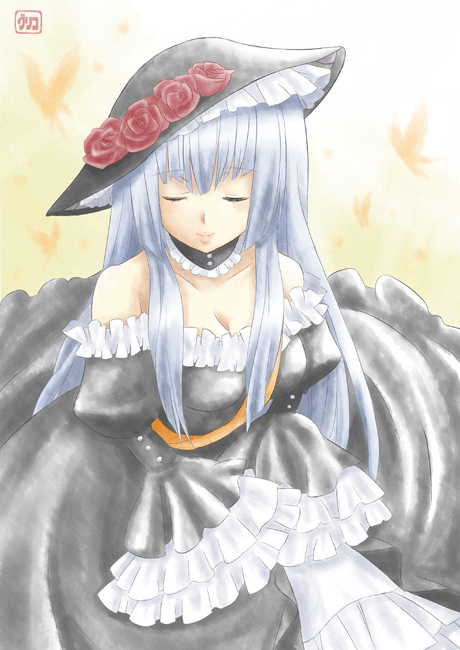 pengin guriko, virgilia (umineko), umineko no naku koro ni, silver hair, bad id, bad pixiv id, 00s, closed eyes, dress, frills, hat, hime cut, long hair, ribbon, sash, solo
