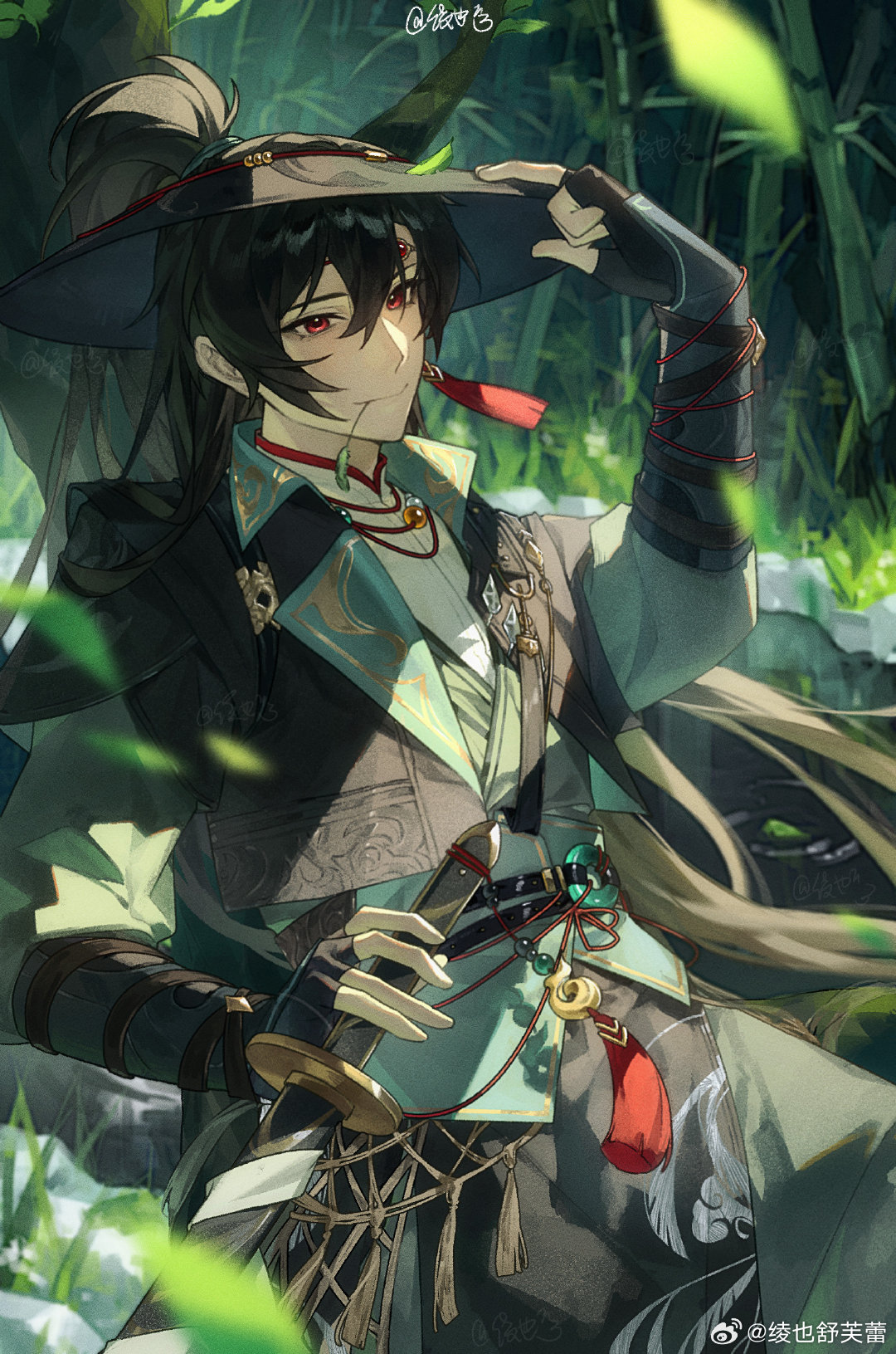 ling ye shufulei, ayn alwyn, lovebrush chronicles, chinese commentary, highres, 1boy, arm guards, arm strap, bamboo, bamboo forest, bead necklace, beads, belt, black belt, black gloves, black hair, black hanfu, black hat, black jacket, chinese clothes, closed mouth, cowboy shot, day, earrings, falling leaves, fingerless gloves, forest, gem, gloves, green hanfu, green robe, hair between eyes, half updo, hand on headwear, hanfu, hat, head chain, high ponytail, holding, holding sword, holding weapon, jacket, jade (gemstone), jewelry, lapels, layered sleeves, leaf, long hair, long sleeves, looking at viewer, male focus, mandarin collar, motion blur, mouth hold, nature, necklace, notched lapels, open clothes, open hat, open jacket, outdoors, pelvic curtain, ponytail, red eyes, red gemstone, robe, rock, sheath, sheathed, shirt, short-sleeved jacket, short over long sleeves, short sleeves, sideways glance, single earring, smile, solo, stalk in mouth, sword, tassel, tassel earrings, watermark, weapon, weibo watermark, white shirt, wind, yaopei