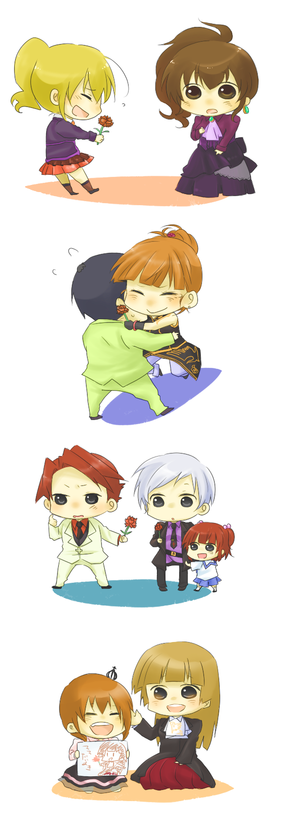 m15m, ushiromiya ange, ushiromiya battler, ushiromiya eva, ushiromiya george, ushiromiya jessica, ushiromiya kyrie, ushiromiya maria, ushiromiya natsuhi, ushiromiya rosa, umineko no naku koro ni, silver hair, bad id, bad pixiv id, highres, 00s, 2boys, 6+girls, age difference, black eyes, black hair, blonde hair, blush, brother and sister, brown hair, carnation, chibi, child's drawing, crown, dress, family, flower, formal clothes, frills, hair bobbles, hair ornament, hug, mother's day, mother and daughter, mother and son, multiple boys, multiple girls, necktie, orange hair, red carnation, red flower, red hair, rose, siblings, suit