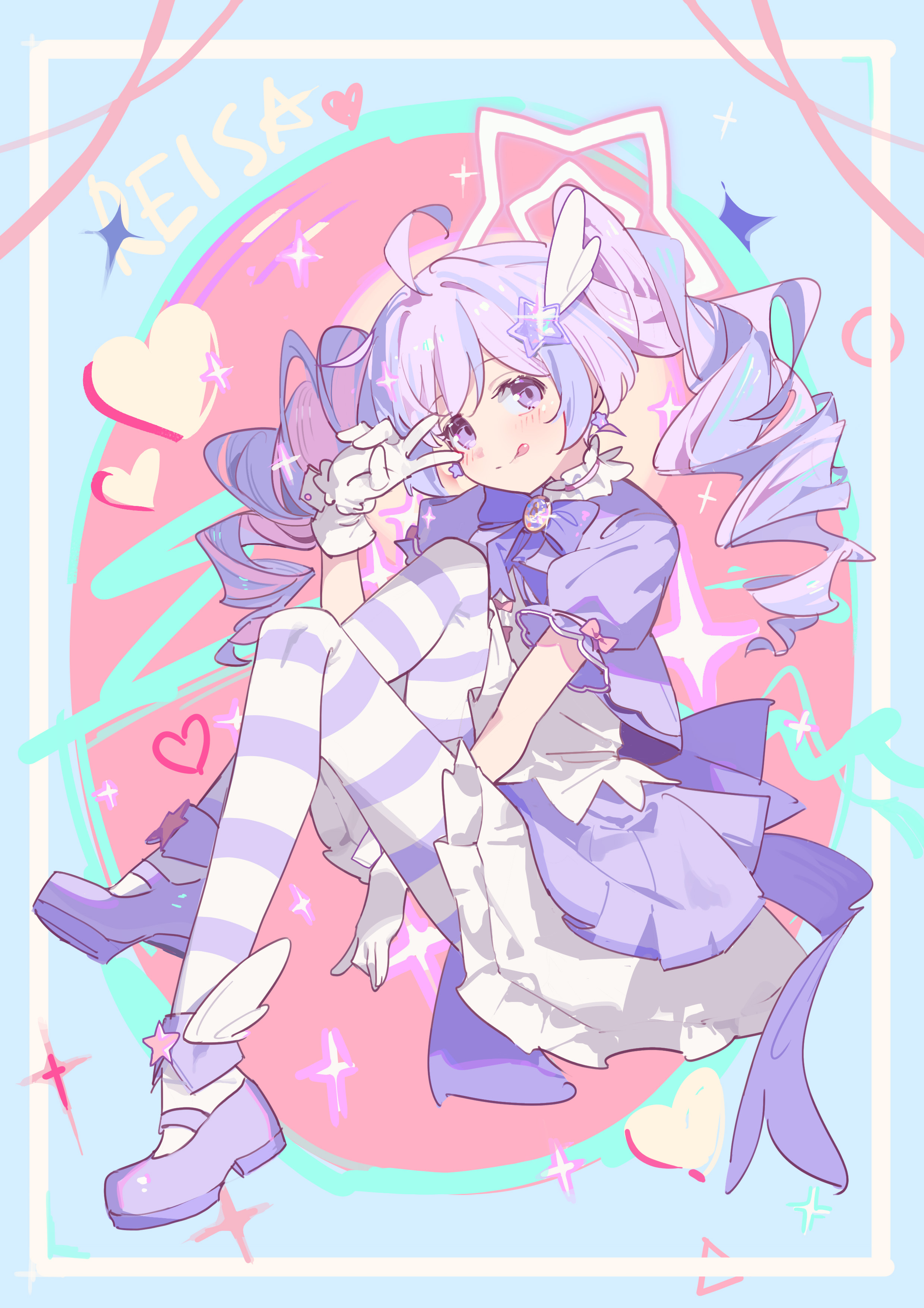 bilibalakonglijiwa, reisa (blue archive), reisa (magical) (blue archive), blue archive, absurdres, commentary, highres, 1girl, :q, character name, closed mouth, gloves, halo, multicolored hair, official alternate costume, pink hair, pink halo, purple hair, solo, star halo, striped clothes, tongue, tongue out, two-tone hair, v, white gloves