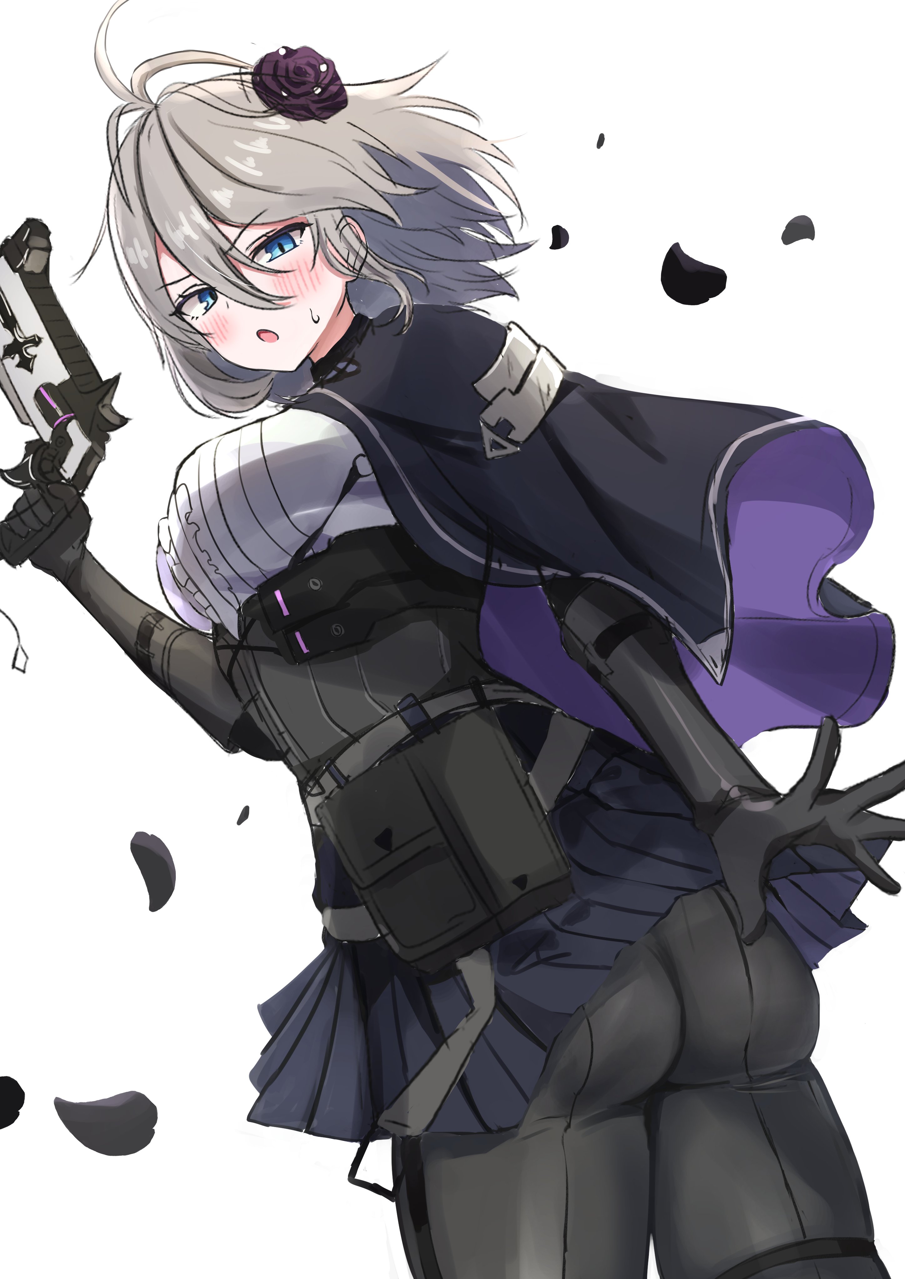 0 karao ekaki renshuu man, chaos zero nightmare, absurdres, highres, 1girl, ass, black pantyhose, black petals, black skirt, blue eyes, blush, breasts, falling petals, flower, frills, gun, hair flower, hair ornament, holding, holding gun, holding weapon, long sleeves, looking at viewer, medium breasts, open mouth, pantyhose, petals, renoa (chaos zero nightmare), shirt, short hair, simple background, skirt, solo, weapon, white hair, white shirt